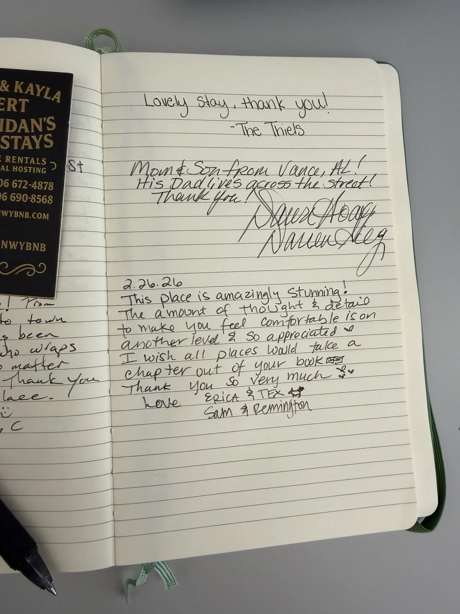 Handwritten guest book entry at a Late Checkout WY property in Sheridan Wyoming
