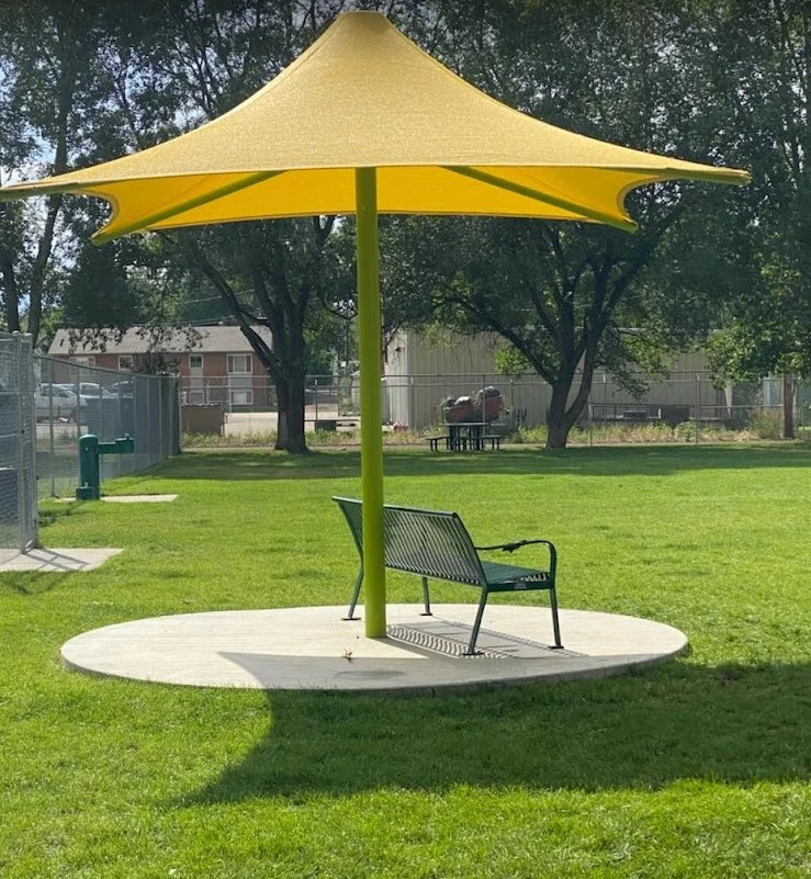 Covered seating area at Sheridan Ave Dog Park, Sheridan, Wyoming