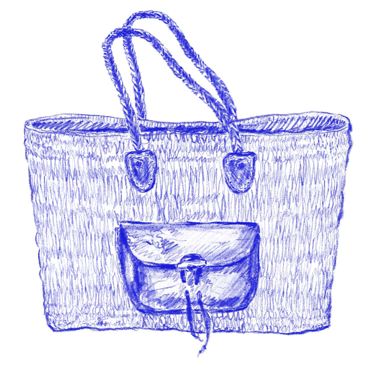 Blue line drawing of a woven market bag with leather handles, resembling a basket.