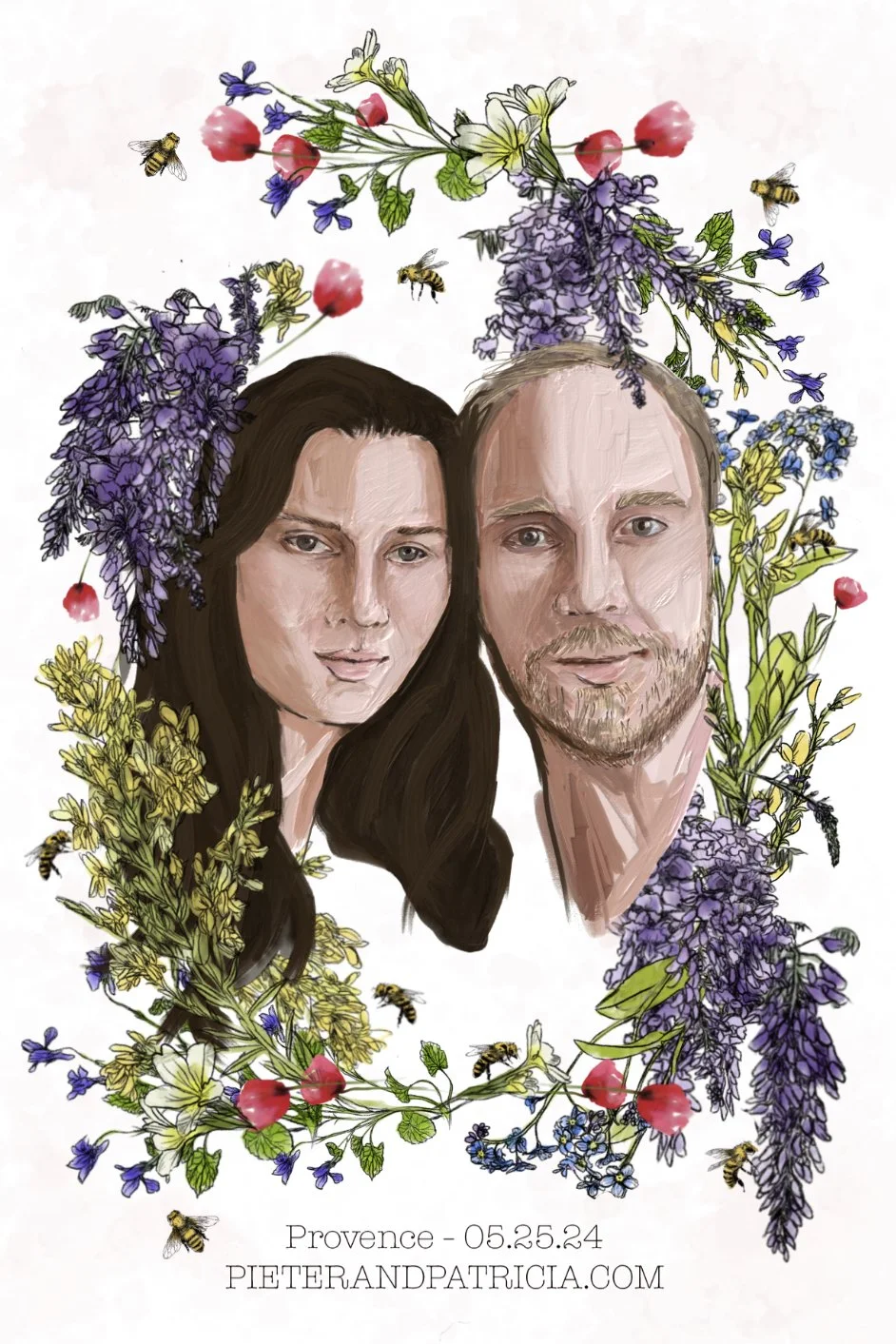 A digital portrait of a couple surrounded by a floral wreath with bees, featuring purple wisteria, yellow flowers, and pink berries, titled 'Provence - 05.25.24' from PieterandPatricia.com.