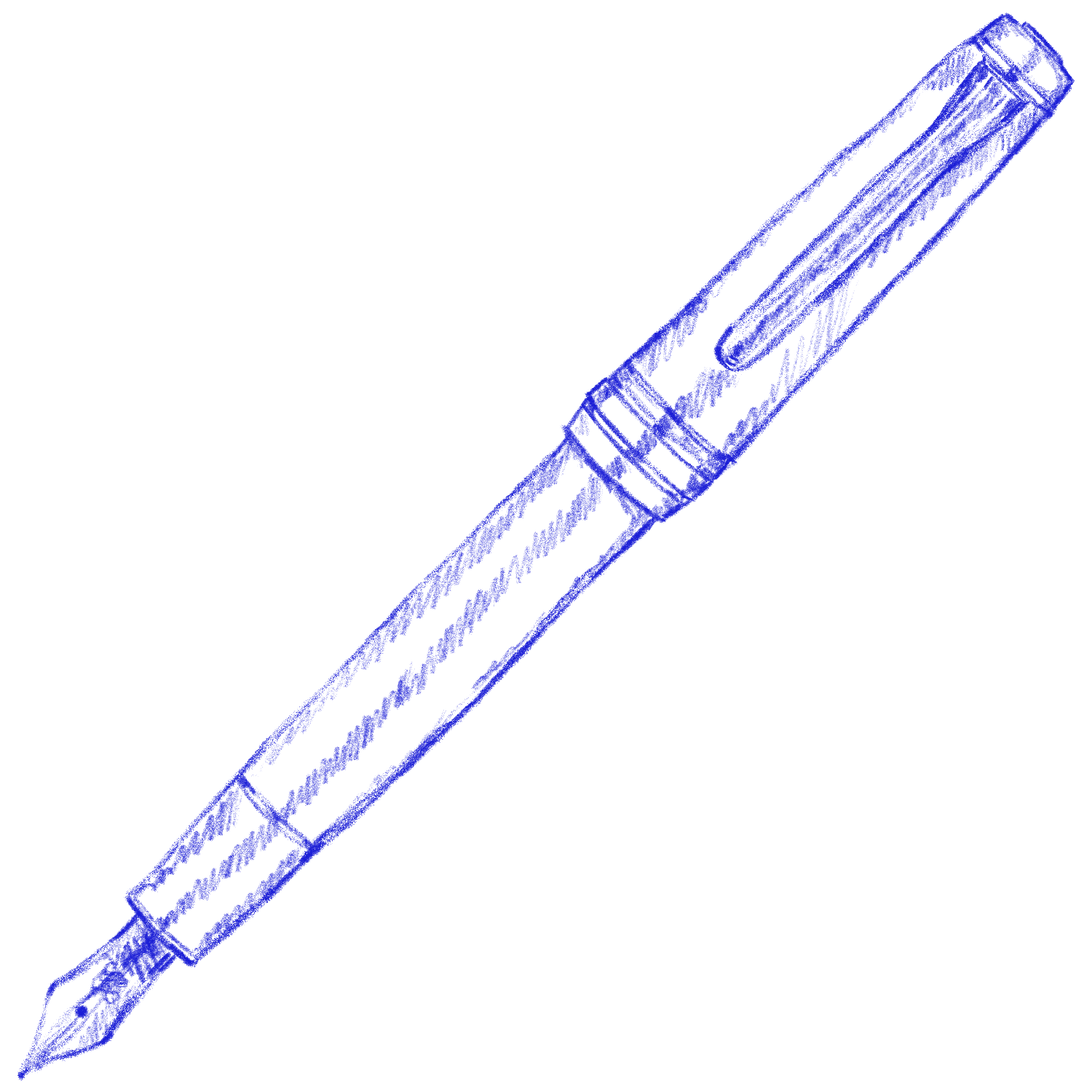 Blue line drawing of a fountain pen.