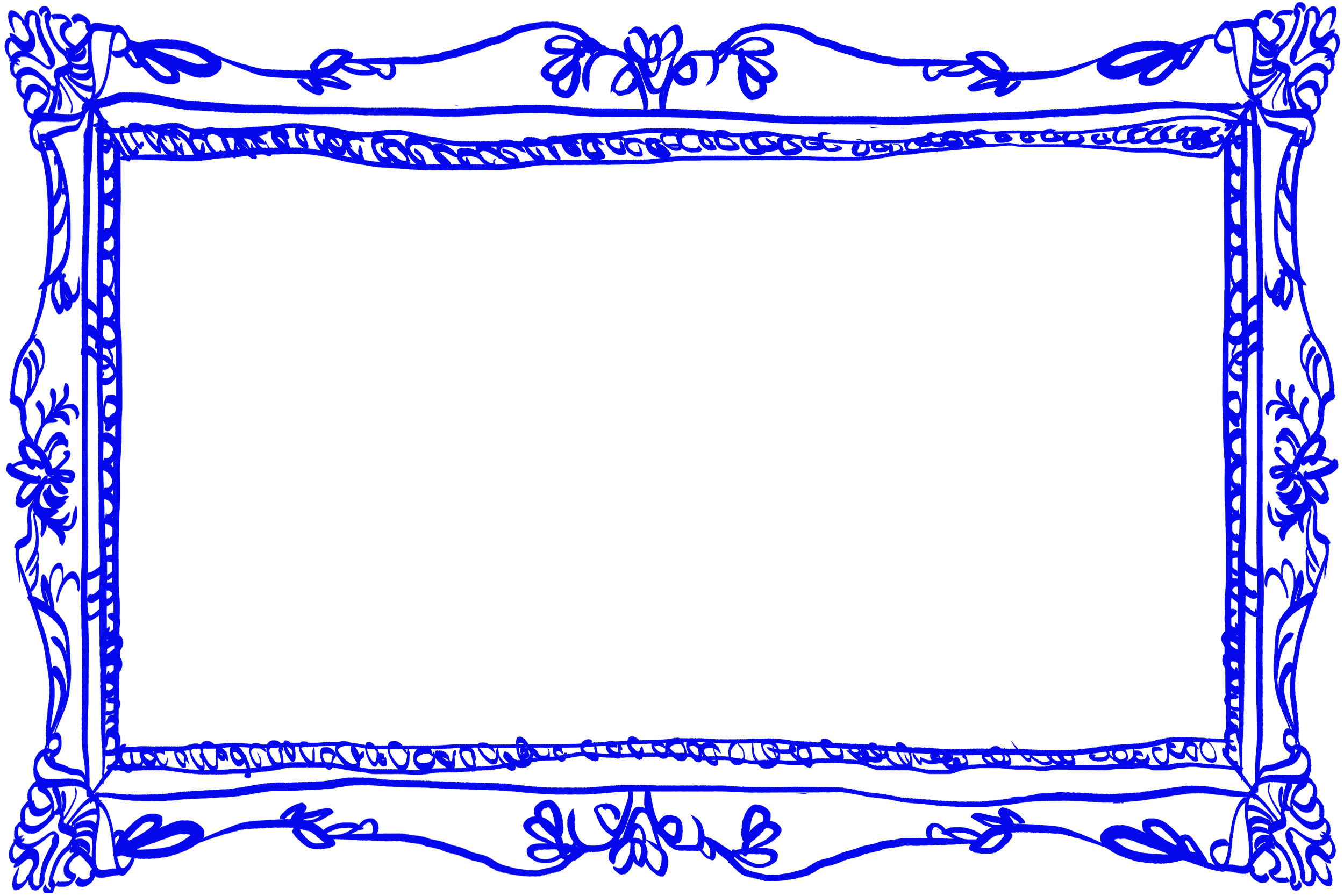Decorative blue frame on a black background with ornate floral details.