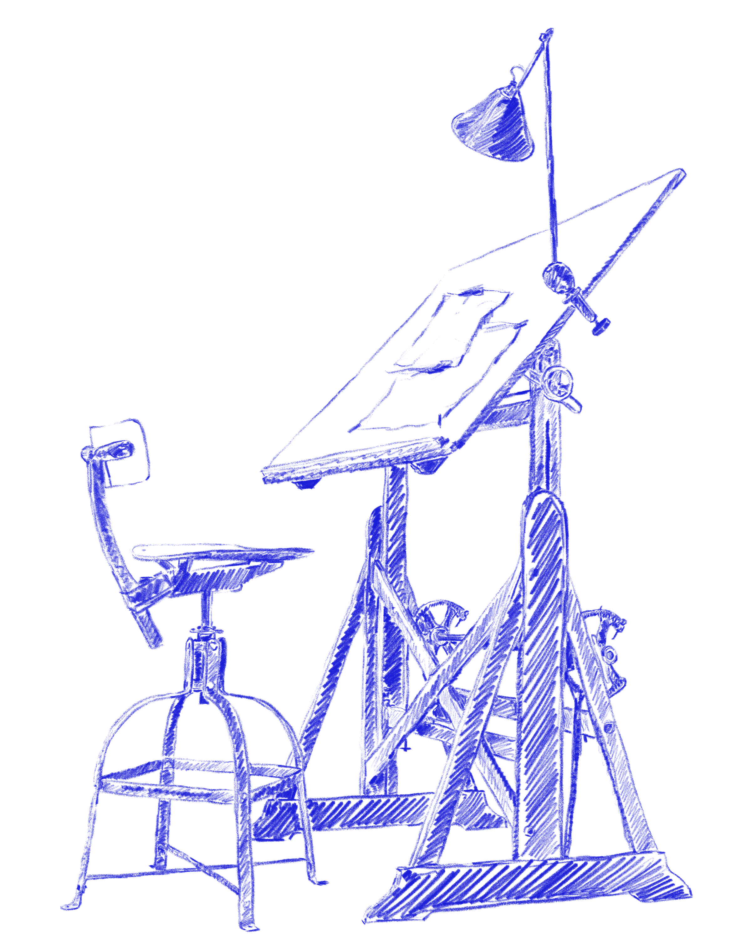 Line drawing of a drafting desk, depicted in blue.