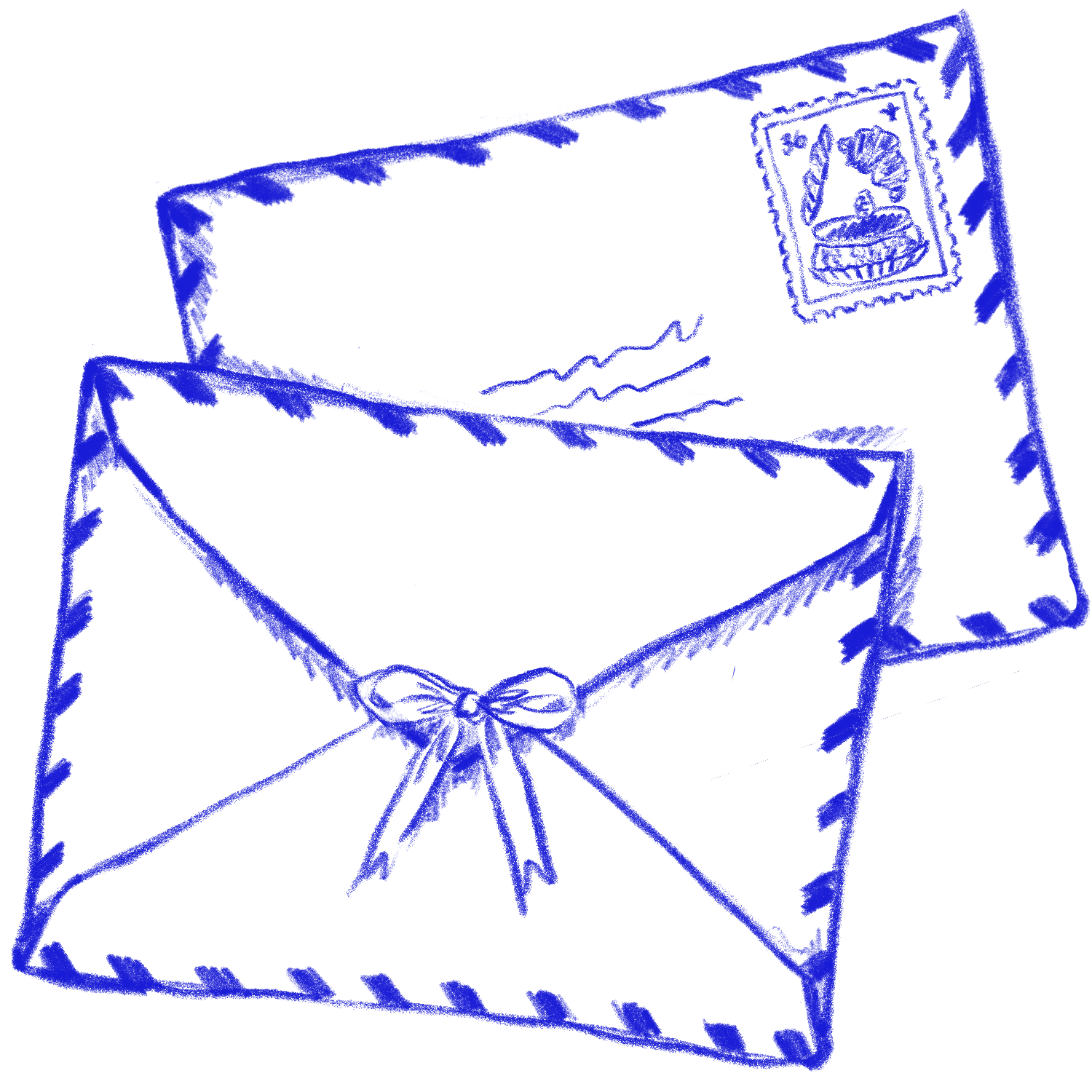 Blue line drawing of envelopes featuring a postage stamp on the top right corner.