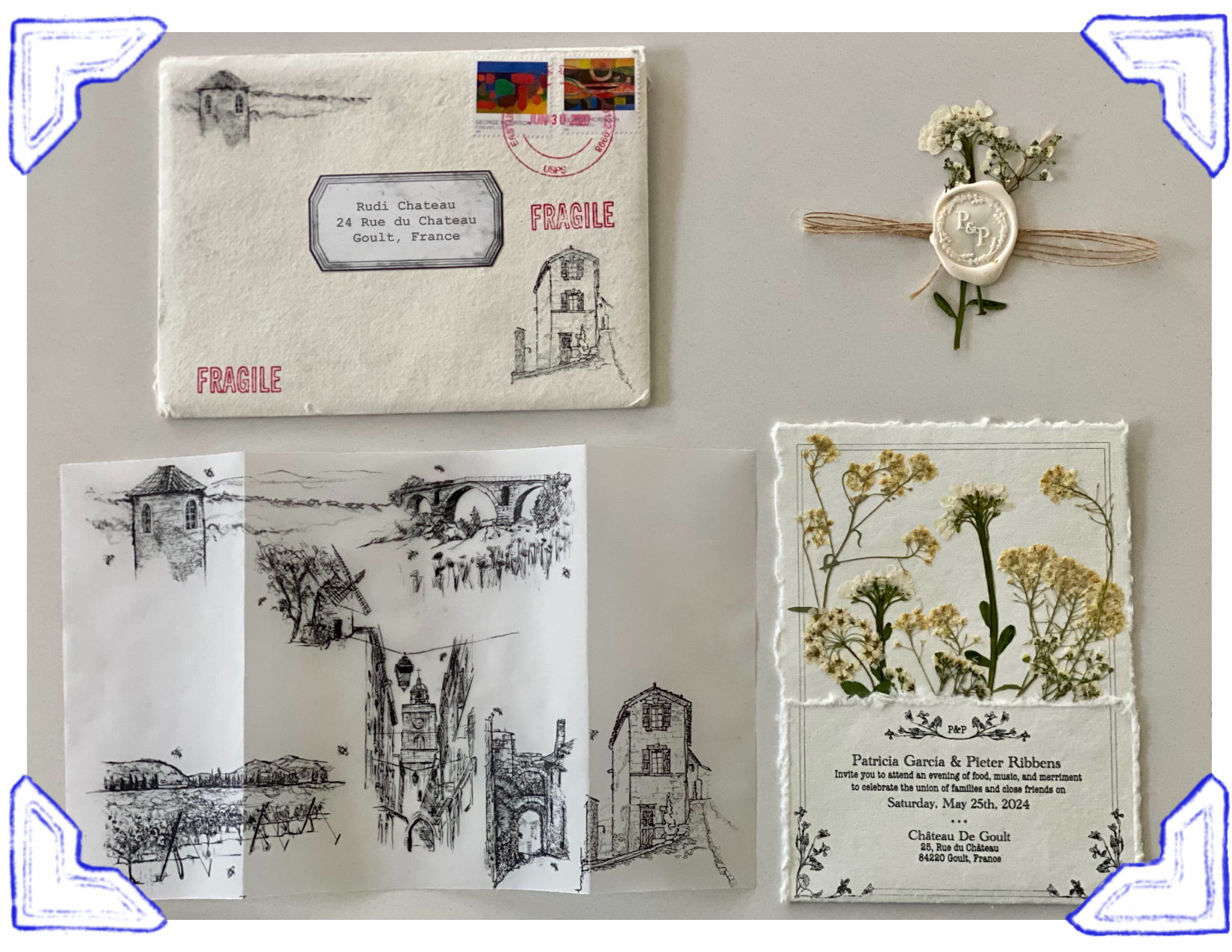Collection of sketches, postcards, and a wedding invitation arranged on a white surface. The postcards feature drawings of buildings and scenery, and the wedding invitation has floral decorations and details about an event on May 25th, 2024 in Goult, France.