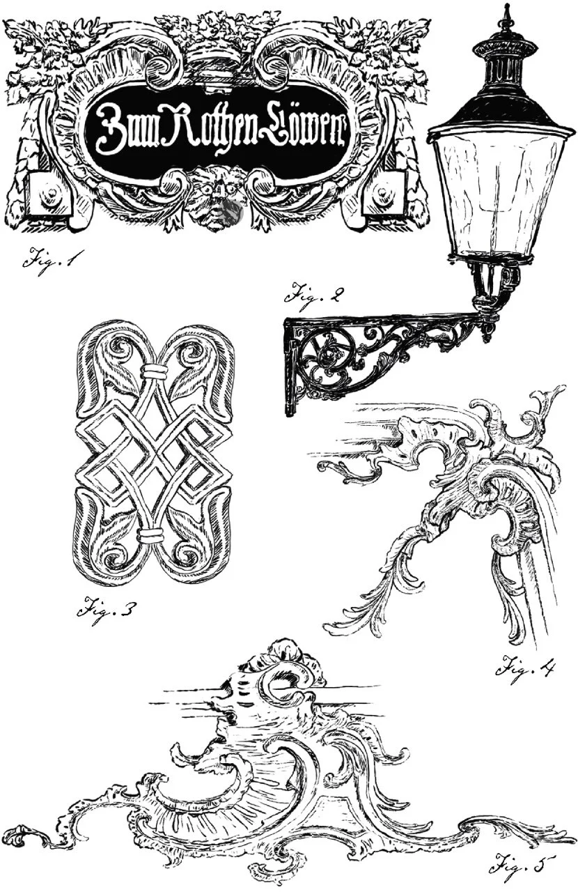 A vintage illustration featuring various decorative elements, including a stylized sign with the text 'Zum Rüben-Löwen,' an ornate street lamp, an intricate ornamental bracket, and elaborate architectural and decorative motifs.