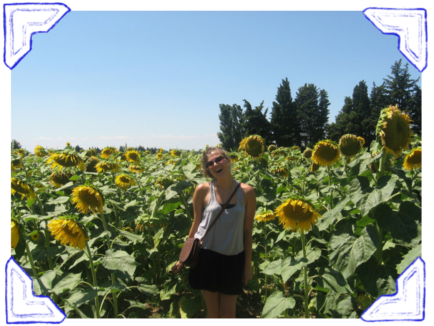 A woman in sunglasses and a sleeveless top standing in a sunflower field on a sunny day with blue sky and trees in the background.