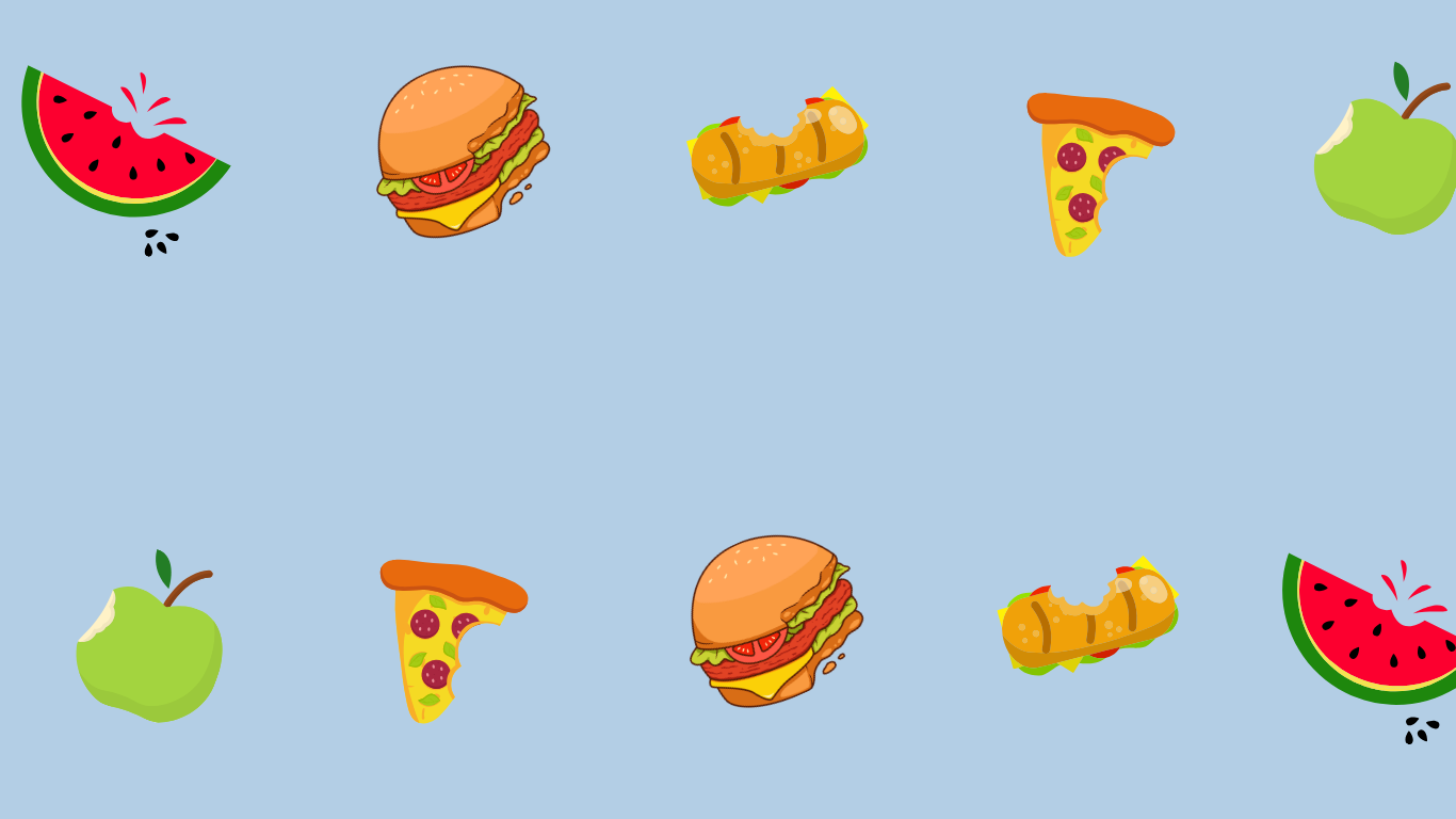 Seamless pattern of watermelon slices, cheeseburgers, hot dogs, pizza slices, and green apples on a light blue background.