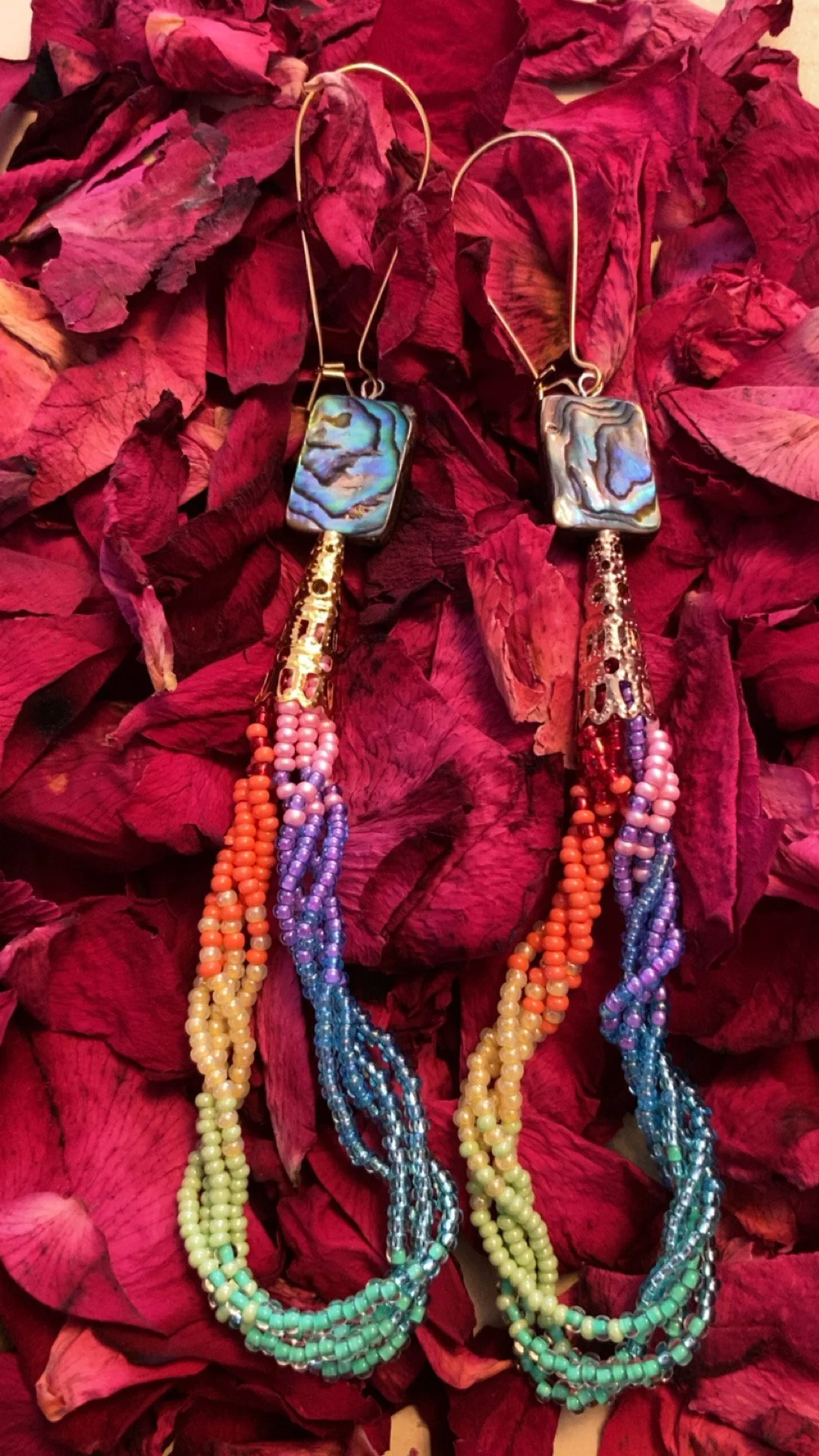 Rainbow Beaded Abalone Fringe Earrings