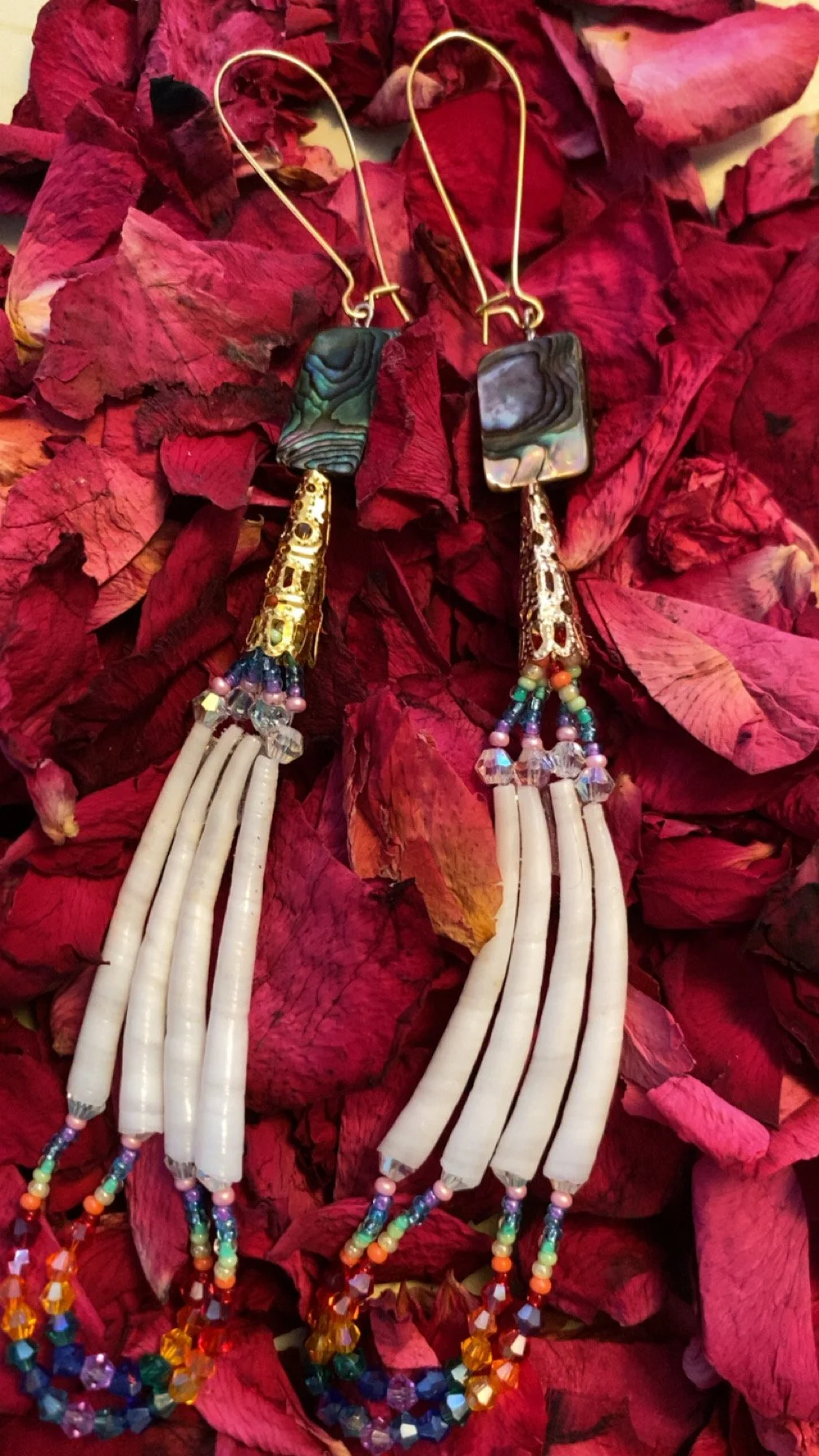 Rainbow beaded fringe + Abalone & Dentalium Earrings