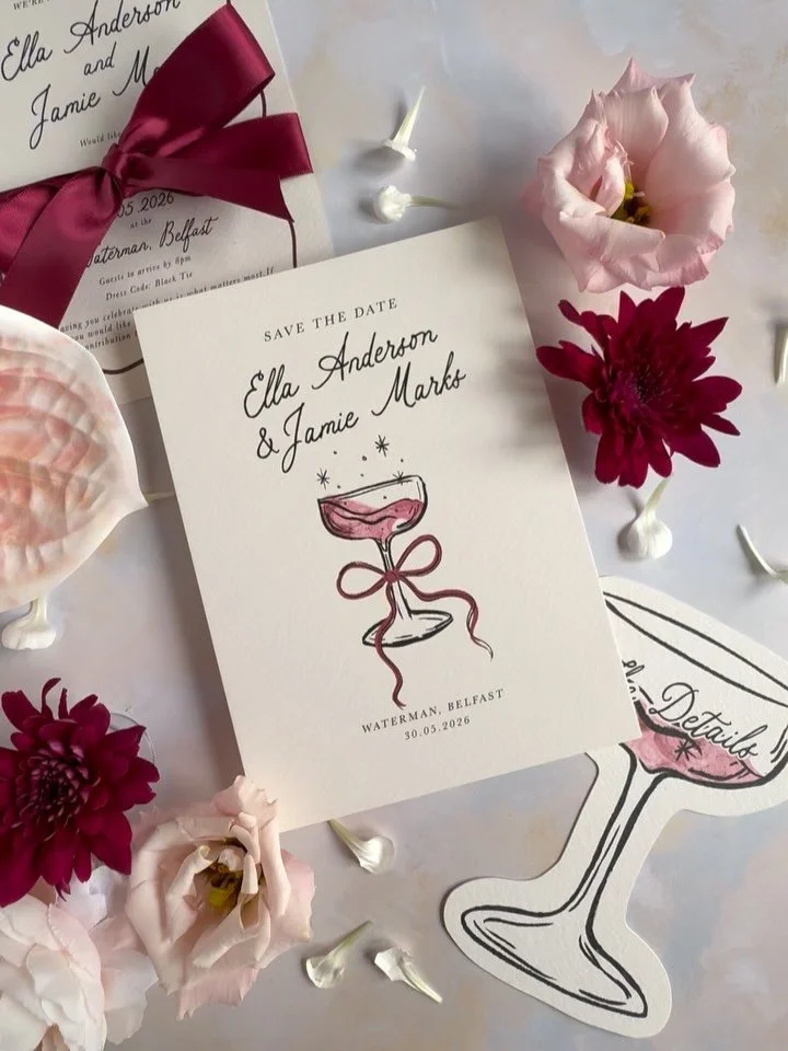 Some love for these cool and whimsical invites for Ella and Jamie who celebrated their marriage at Waterman in Belfast. ✨ this wedding is all about cool, black tie city vibes with rich burgundy tones 

@waterman.house 
@ella_anderson12 

#weddingstat