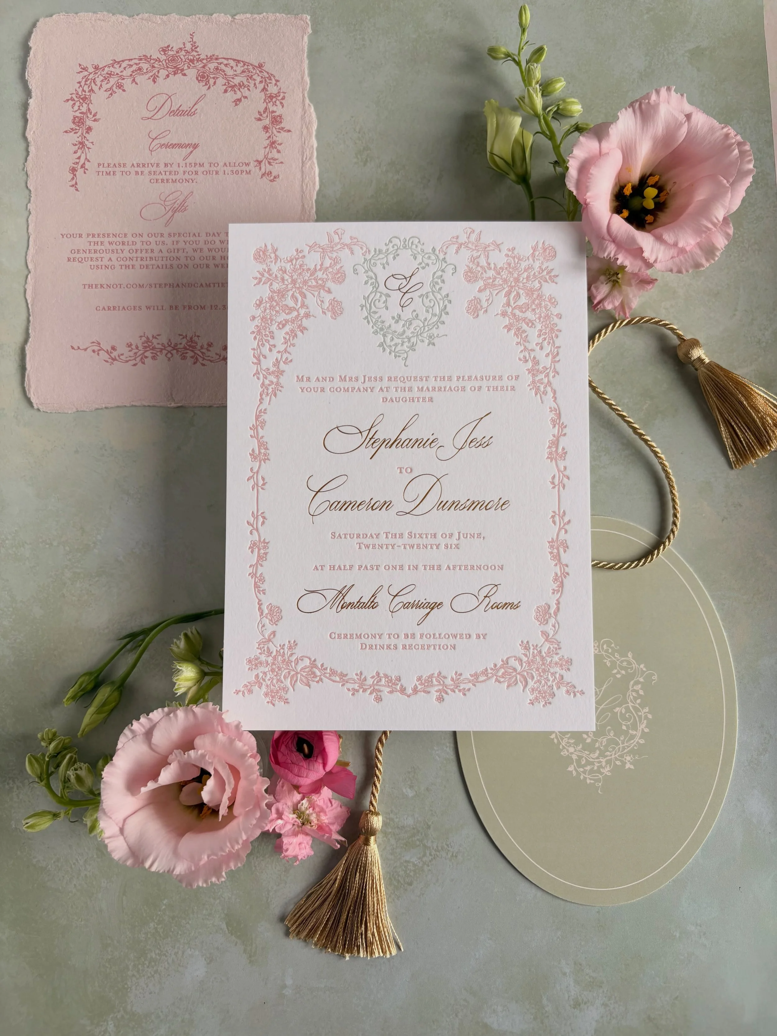 This suite will just live rent free in my head for ever I think.

Stephanie got in touch, wanting Romantic elegance with a hint of regency era vibes 🤍 something we were more than happy to provide!

 She opted for a letterpress wedding invite on colo
