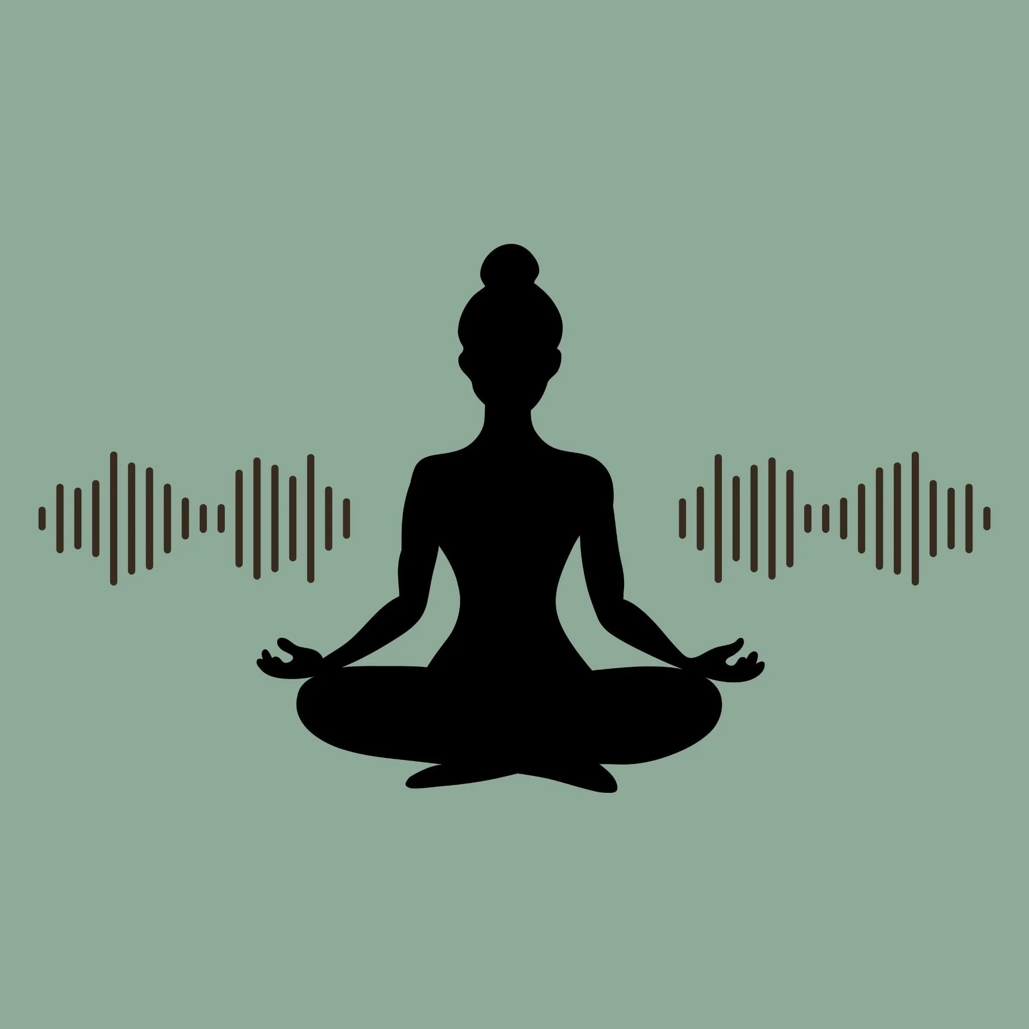Silhouette of a person meditating in a lotus position with sound waves around them on a muted green background.