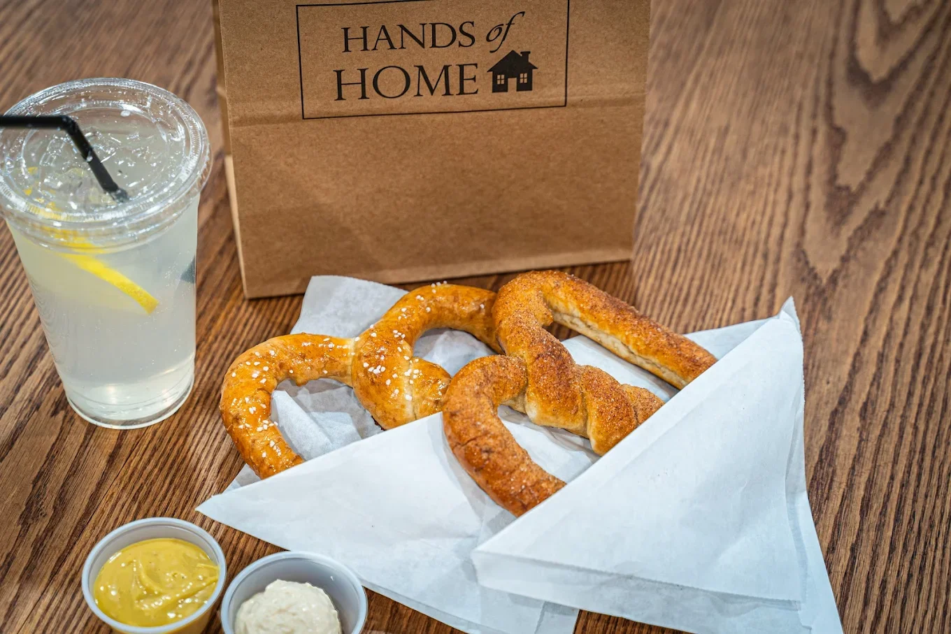 salted soft pretzels and cinnamon and sugar soft pretzels baked fresh daily in local cafe near Massanutten Virginia