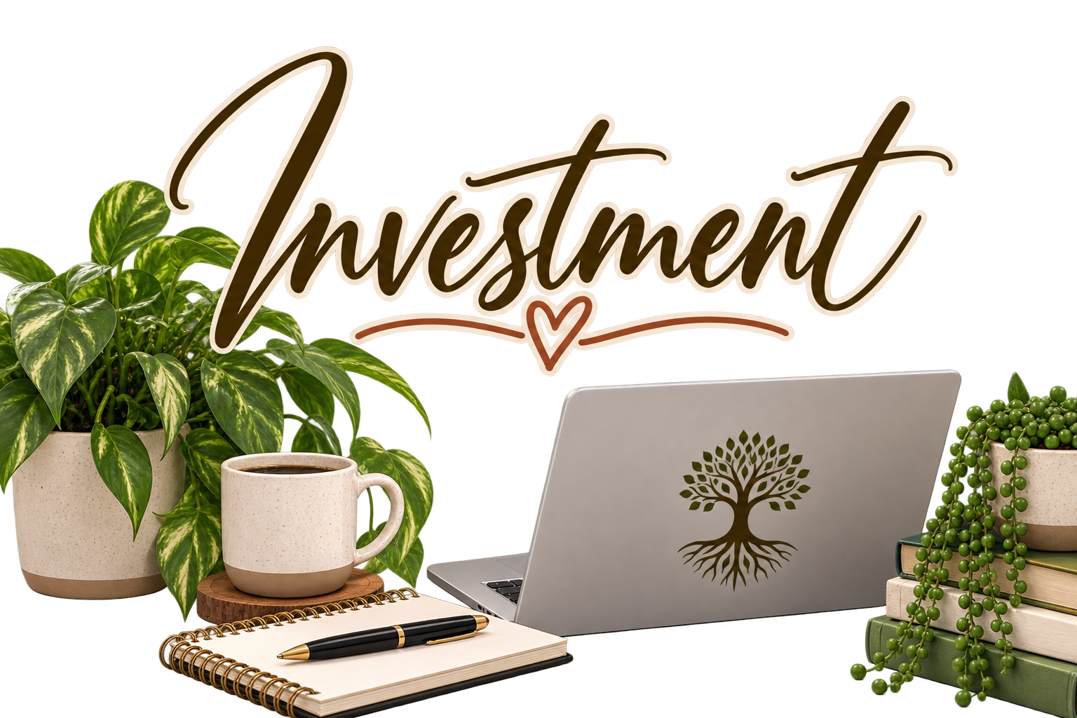 Decorative workspace with potted plants, a laptop with a tree logo, a cup of coffee, a notebook with a pen, and a sign that reads 'Investment' with a heart
