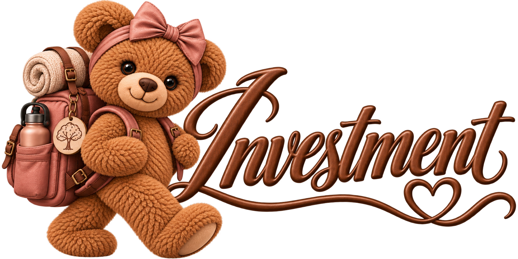 A cute teddy bear with a pink bow, carrying a pink backpack, a rolled-up blanket, a water bottle, and a badge with a tree symbol. The bear is in front of a stylized brown script that says 'Travel' with a heart at the end.