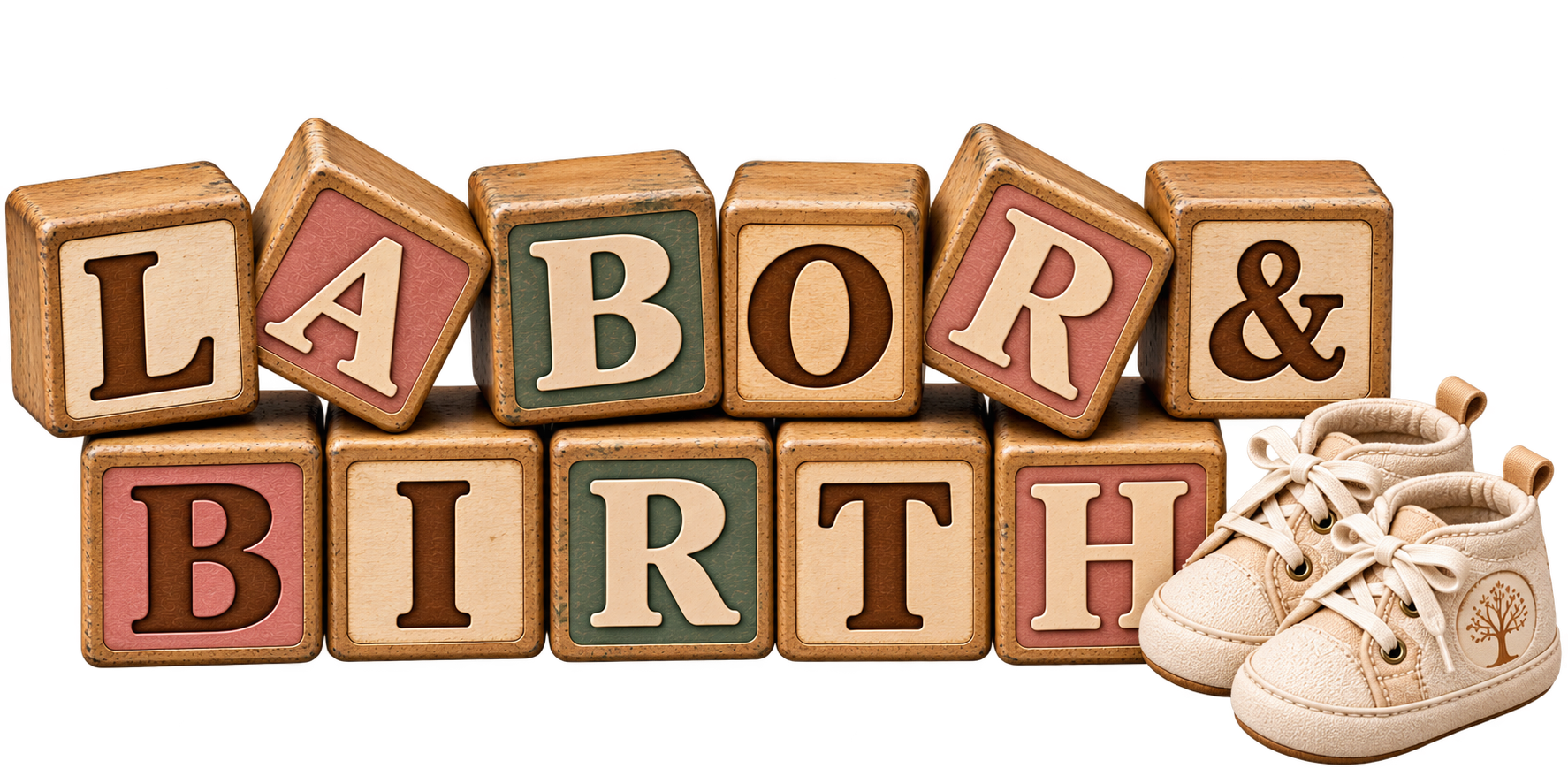 Wooden blocks spelling out "LABOR & BIRTH" with a pair of beige baby shoes with a tree logo on the side.