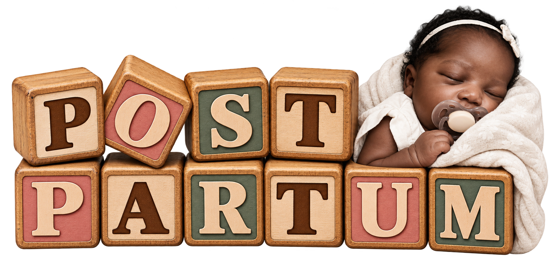 Baby with a pacifier lying on a blanket next to alphabet blocks spelling 'POST PARTUM'
