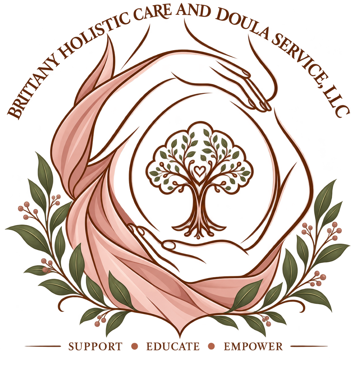 A logo for Britanny Holistic Care and Doulas Service LLC featuring a stylized tree surrounded by flowing fabric and foliage, with the words Support, Educate, Empower at the bottom.
