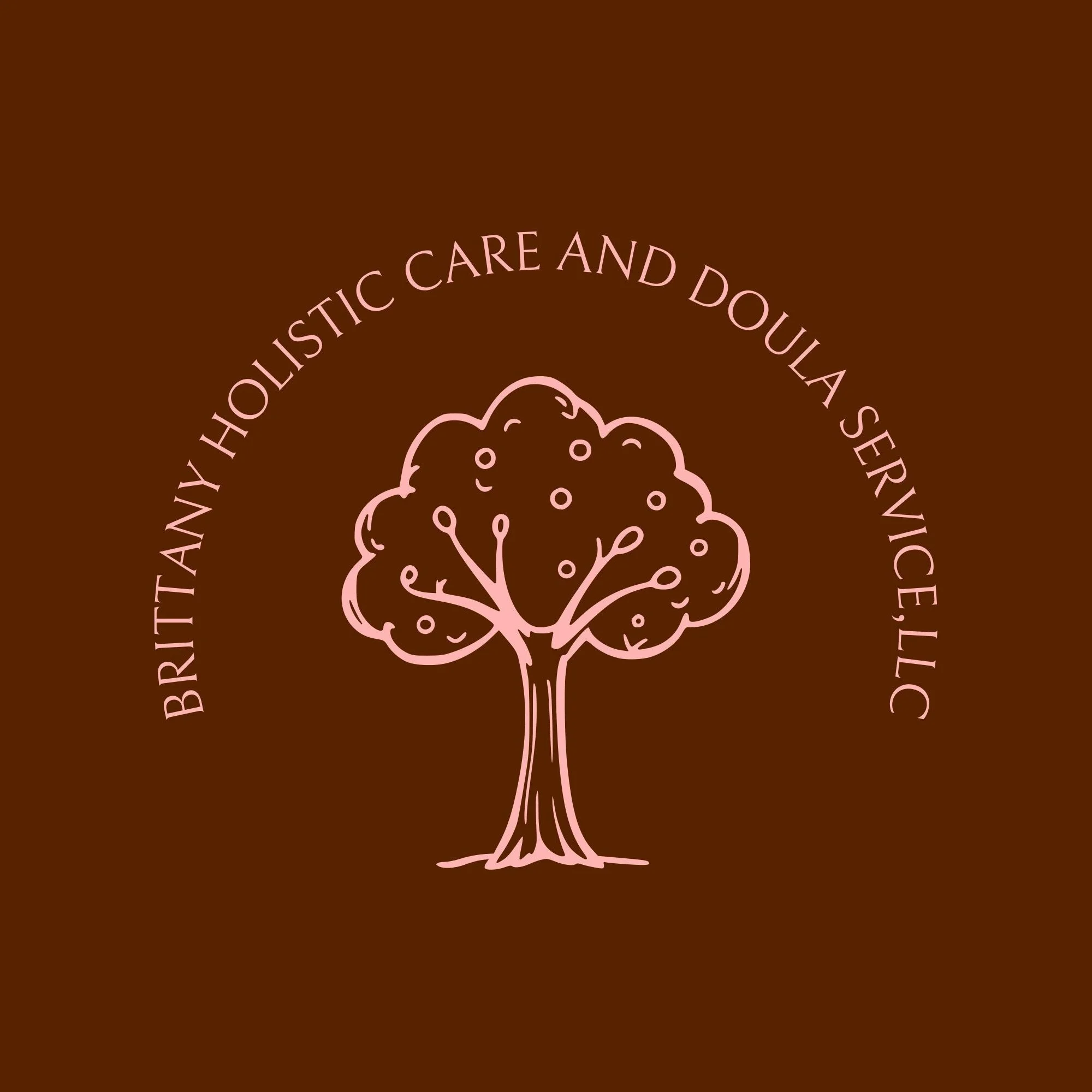 Pink outline illustration of a brain and a tree on a brown background with text around it.
