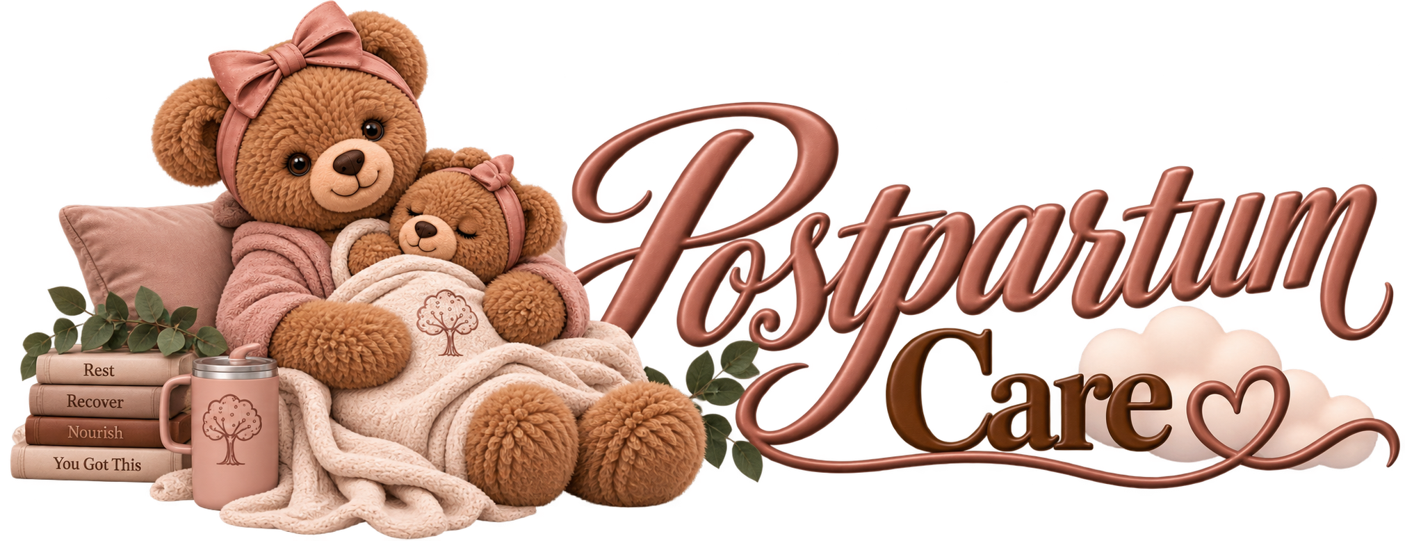 Two plush teddy bears dressed in pink and white, sitting amongst pillows, books, and greenery with a pink mug featuring a tree graphic. The scene includes a large, stylized text that reads 'Positain Care' with a heart and cloud embellishments.