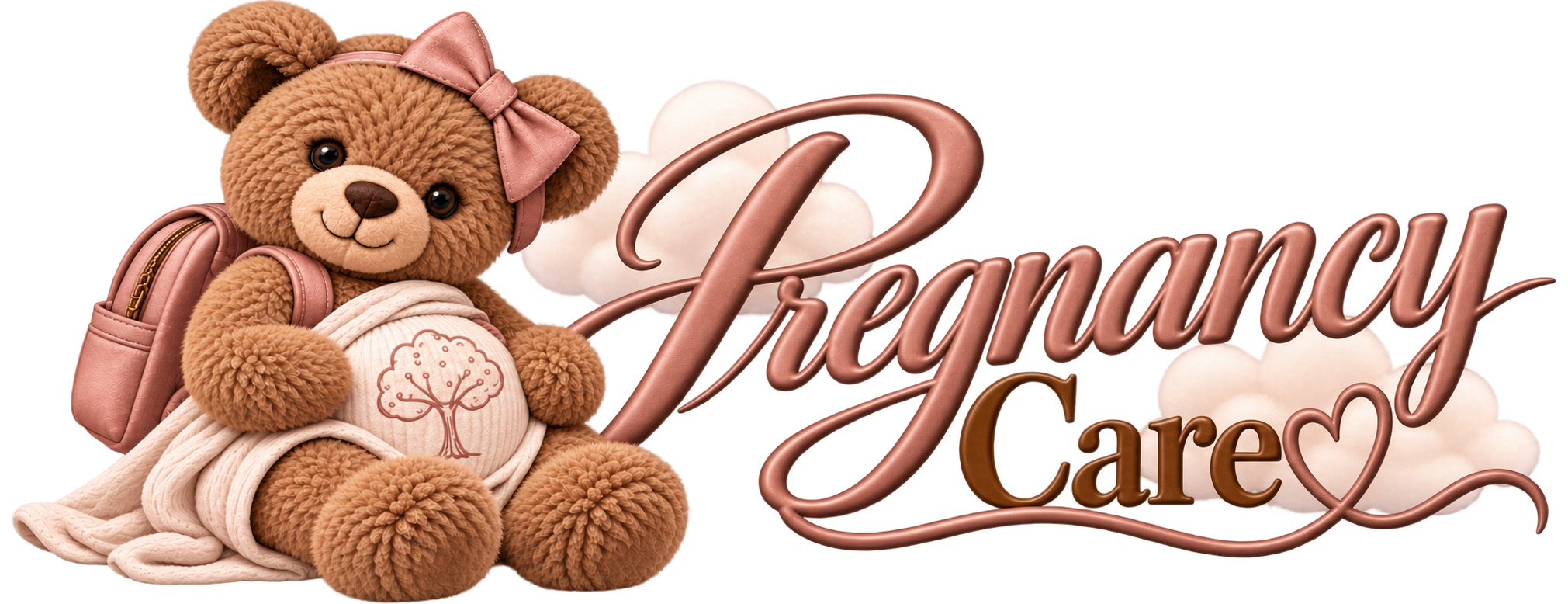 A cute teddy bear with a pink bow, carrying a backpack and holding a ball with a tree logo, next to the words 'FraNcy Cares' in stylized text, surrounded by cloud shapes.