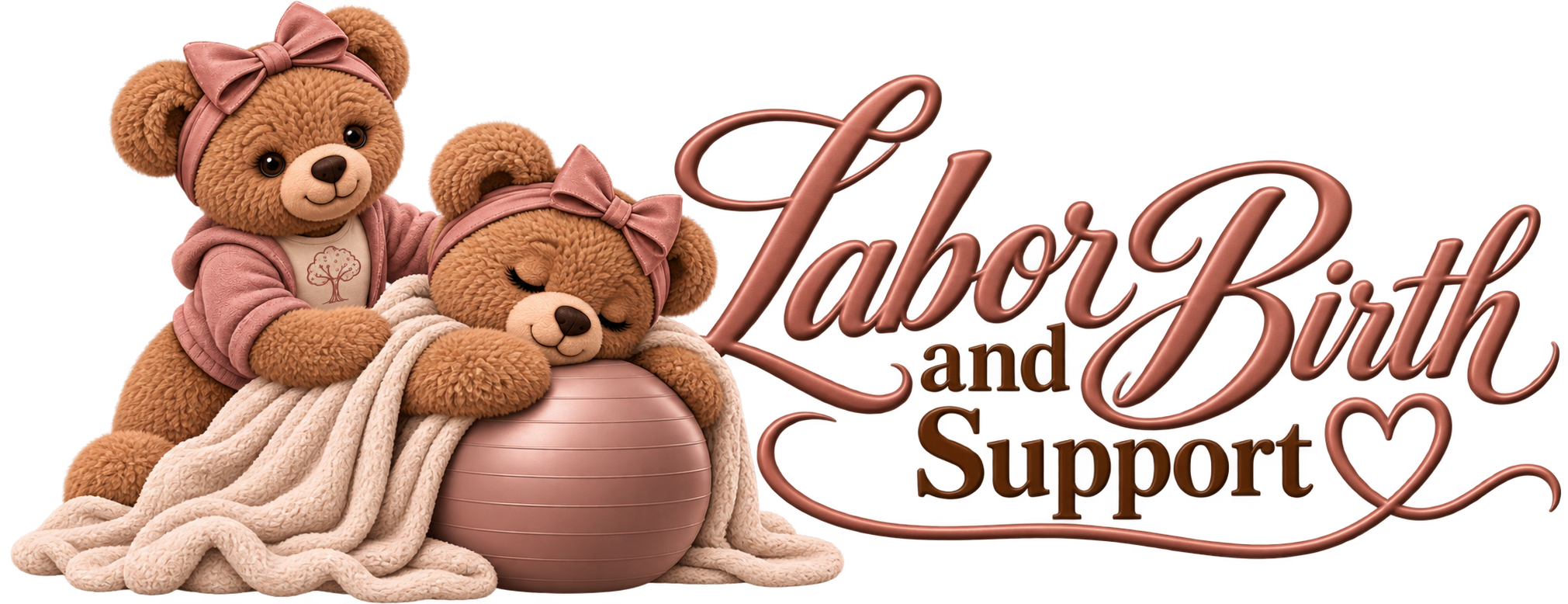 Two plush teddy bears, one sitting behind the other, with the sitting bear asleep on a soft beige blanket. Both bears are wearing pink headbands with bows, and the standing bear has a pink jacket with a tree emblem. To their right, there is a pink exercise ball. Overlapping the ball is a decorative text that reads 'Labor of Love and Support' in stylized pink and brown font, with a small heart at the end.
