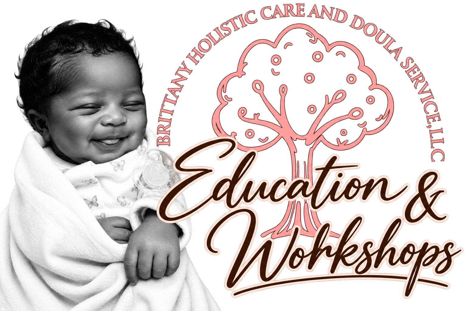Smiling baby with a pacifier, wrapped in a blanket, on the left side with overlay text and a pink abstract tree graphic on the right side promoting a youth holistic care event.