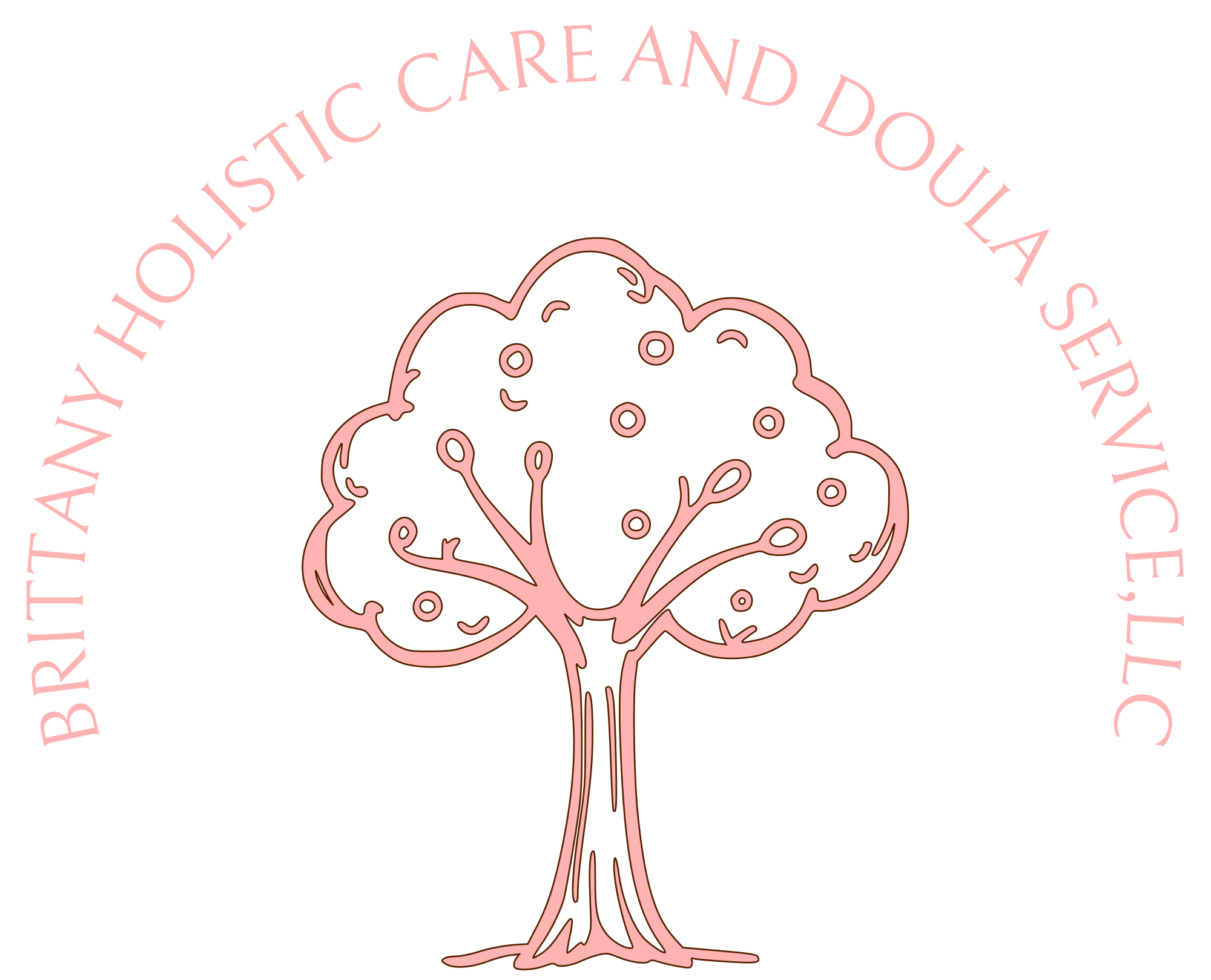 Logo for Brityt and Tolitistic Holistic Care and Doula Service featuring a pink outline of a tree with the company name encircling it on a black background.