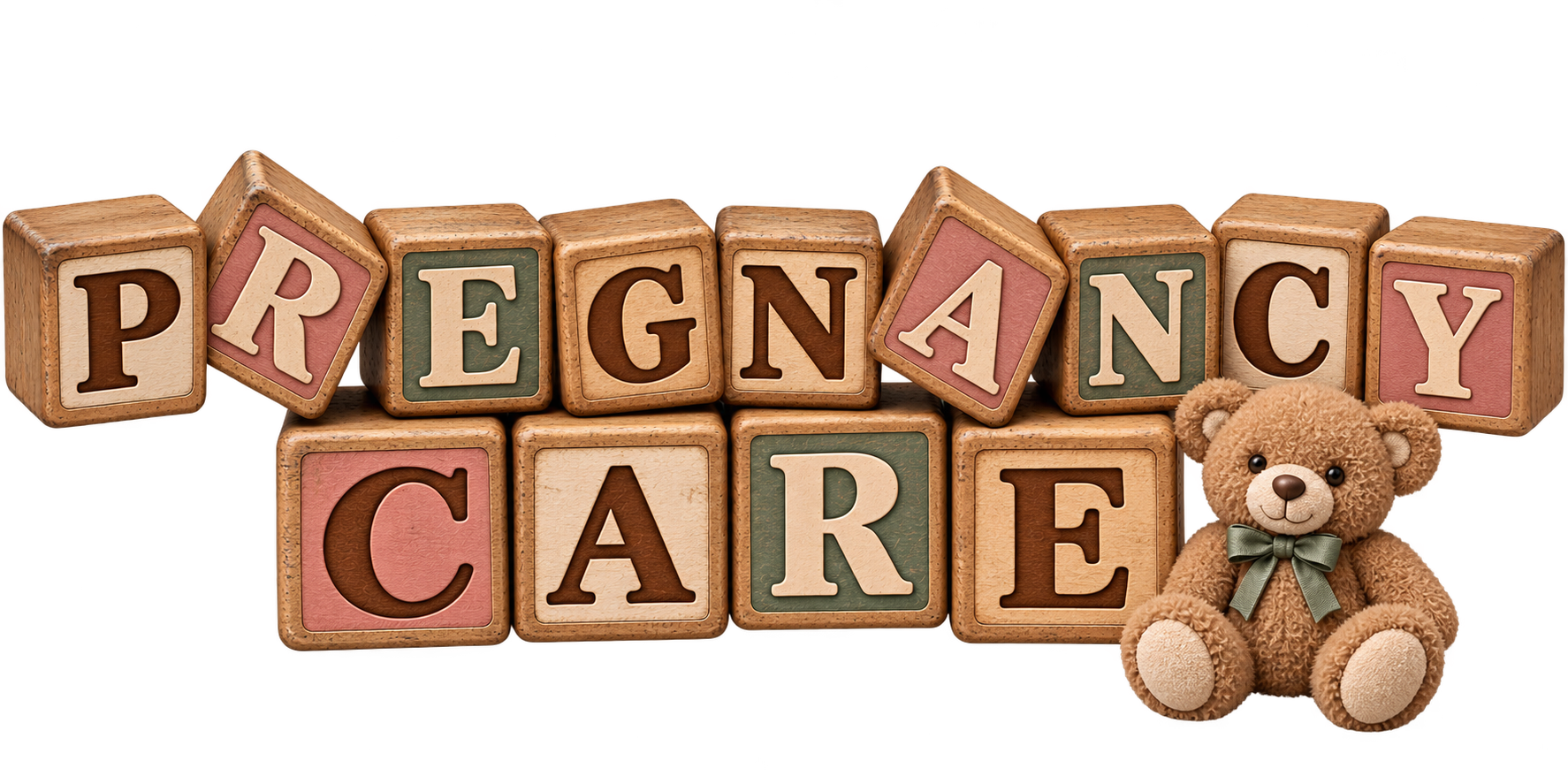 Wooden alphabet blocks spelling 'Pregnancy Care' with a teddy bear.