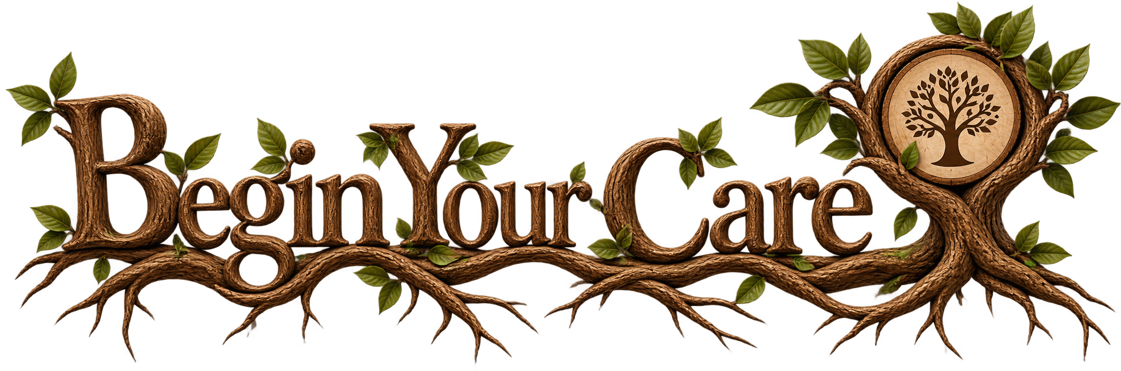 Decorative logo with the words 'Being Your Care' made of wood and tree branches, adorned with leaves, featuring a tree symbol within a wooden circle on the right.