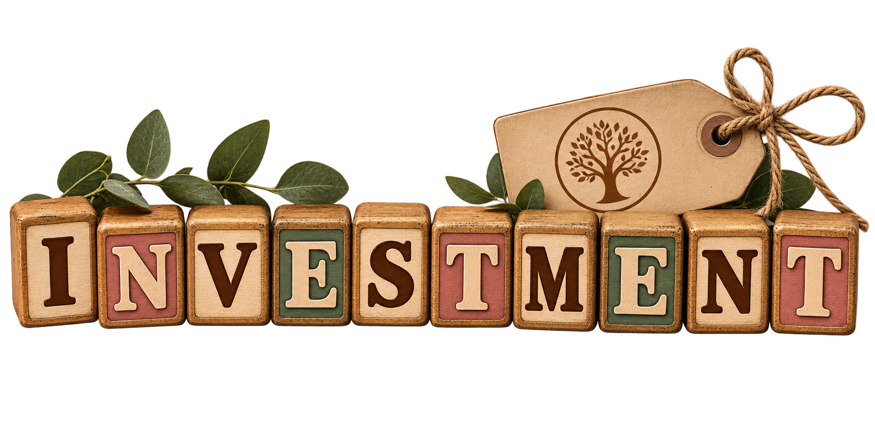 Wooden blocks spelling 'INVESTMENT' with green leaves and a tag featuring a tree logo.
