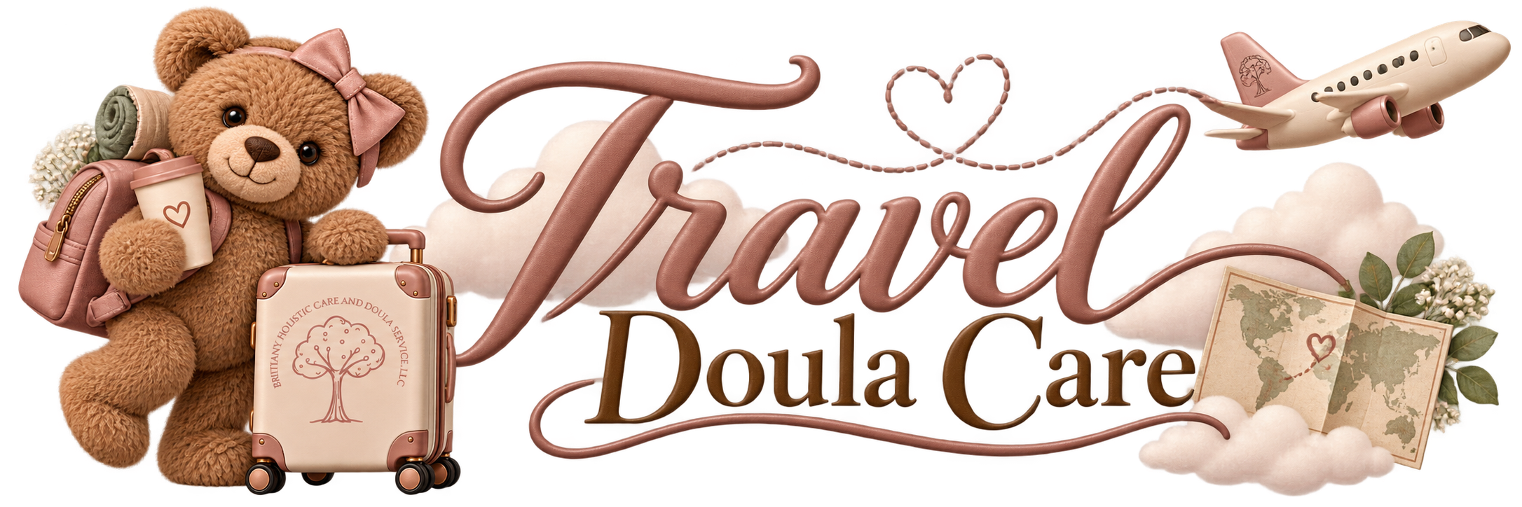 A teddy bear with a pink bow holding a travel mug, a small suitcase, and sitting next to a backpack, with white clouds, an airplane, and a postcard with a heart-shaped map. The text "Travel Doulac Care" is written in a decorative script surrounded by clouds and travel-themed elements.