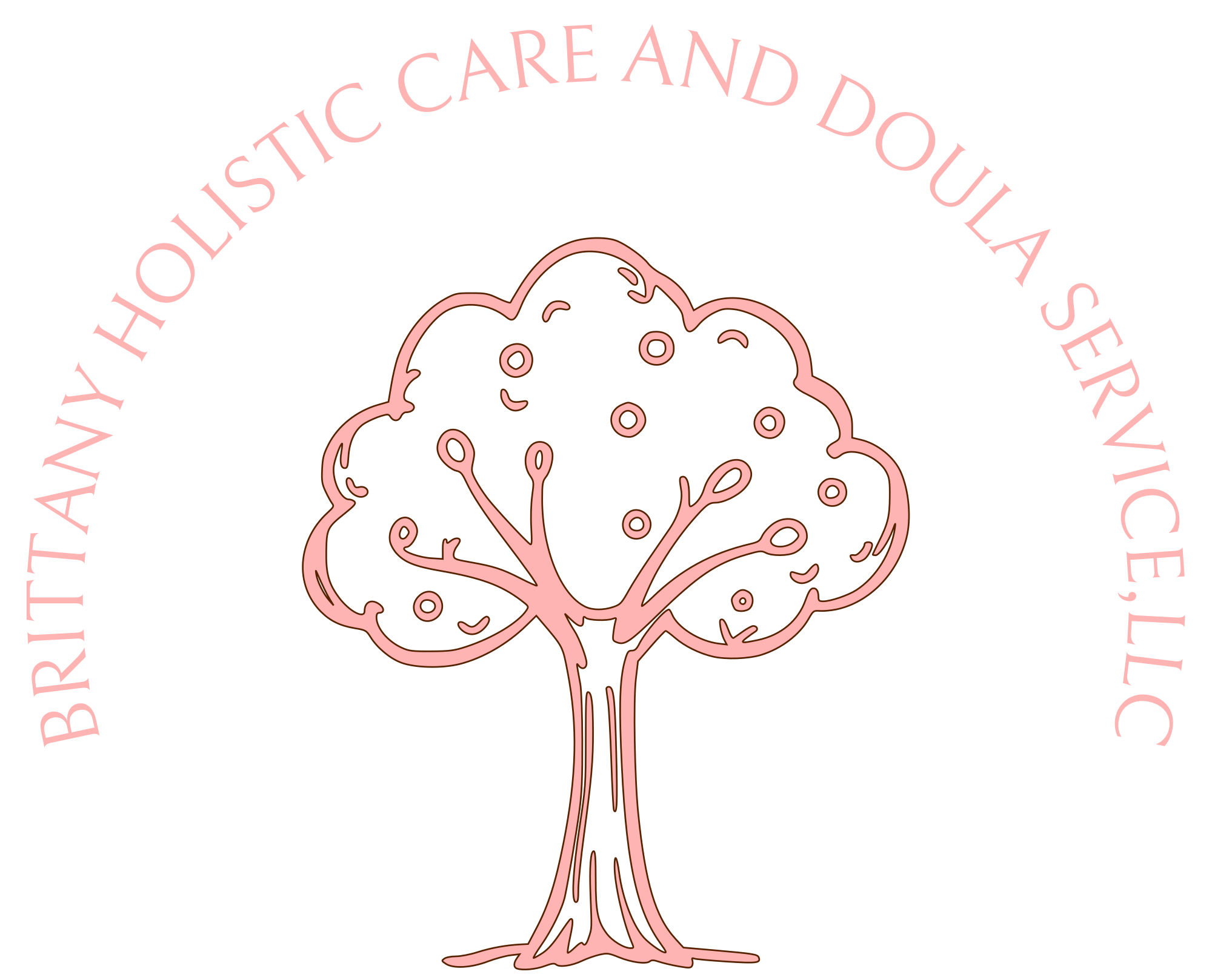 Pink outline of a brain with tree branches inside, surrounded by pink text arching around it that reads "WHAT BABY HOLISTIC CARE AND DOUla SEMINAR?"