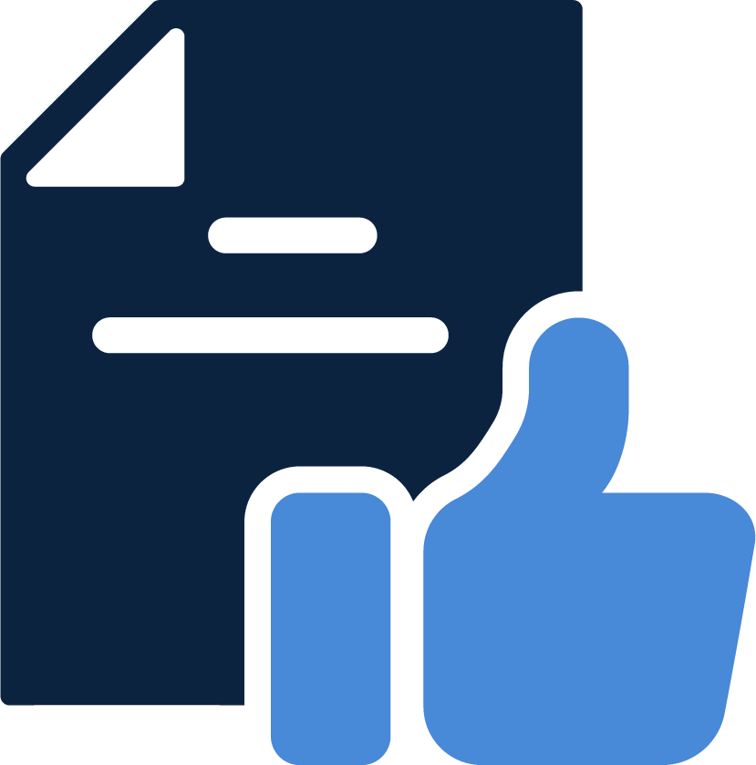 Icon of a document with lines of text and a folded corner, plus a blue thumbs-up symbol in front.