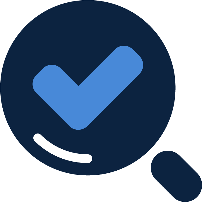 Magnifying glass with a blue checkmark inside, representing a search or approval feature.