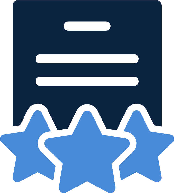 An award badge featuring three blue stars and three lines of text.
