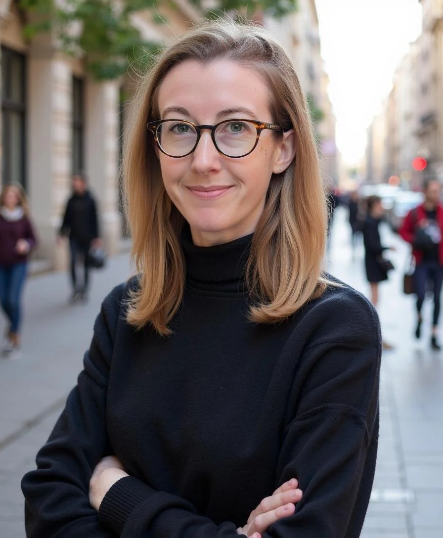 A woman with glasses and shoulder-length hair standing outdoors in an urban setting with buildings and people in the background.