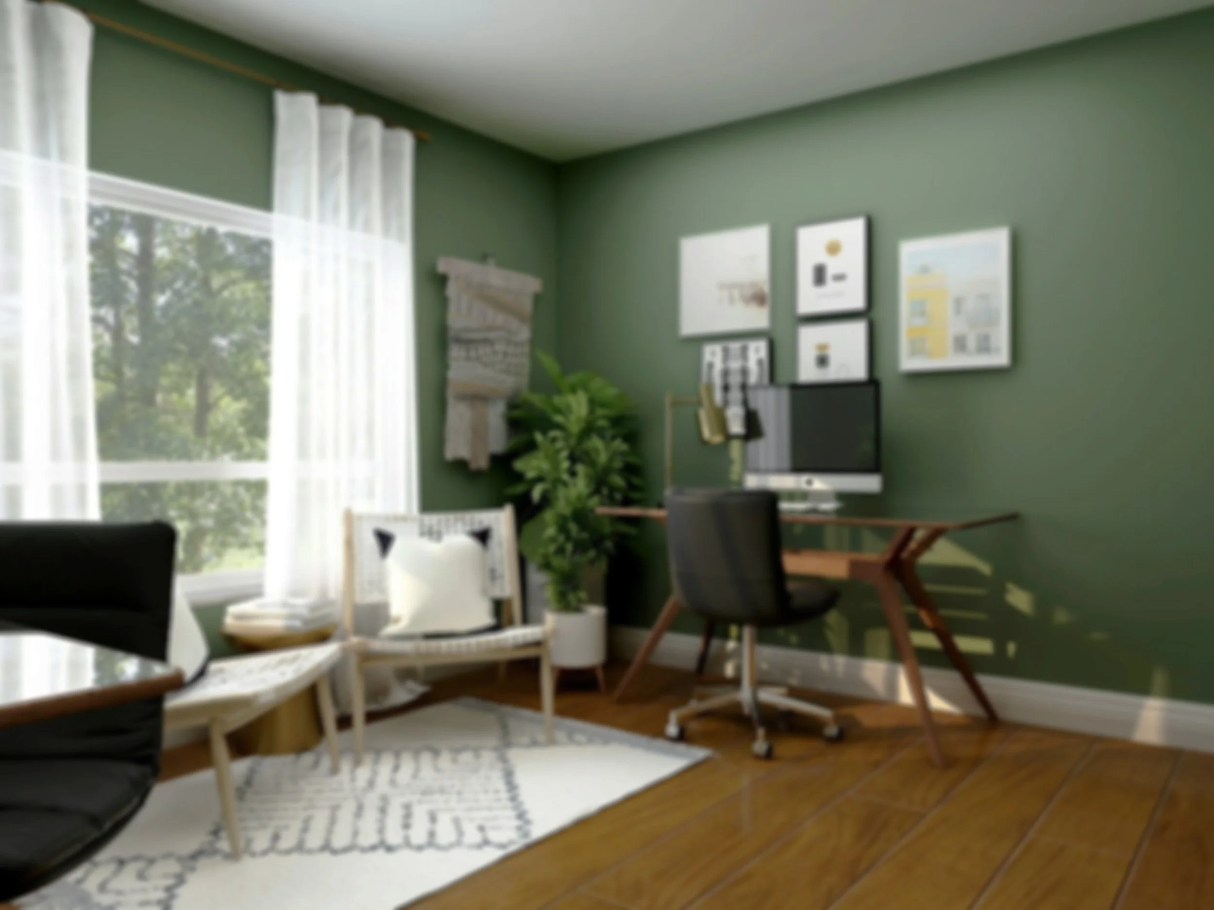 A cozy home office with a green accent wall, a wooden desk with a computer, black chair, white framed artwork, potted plant, and a white chair near window with sheer curtains.