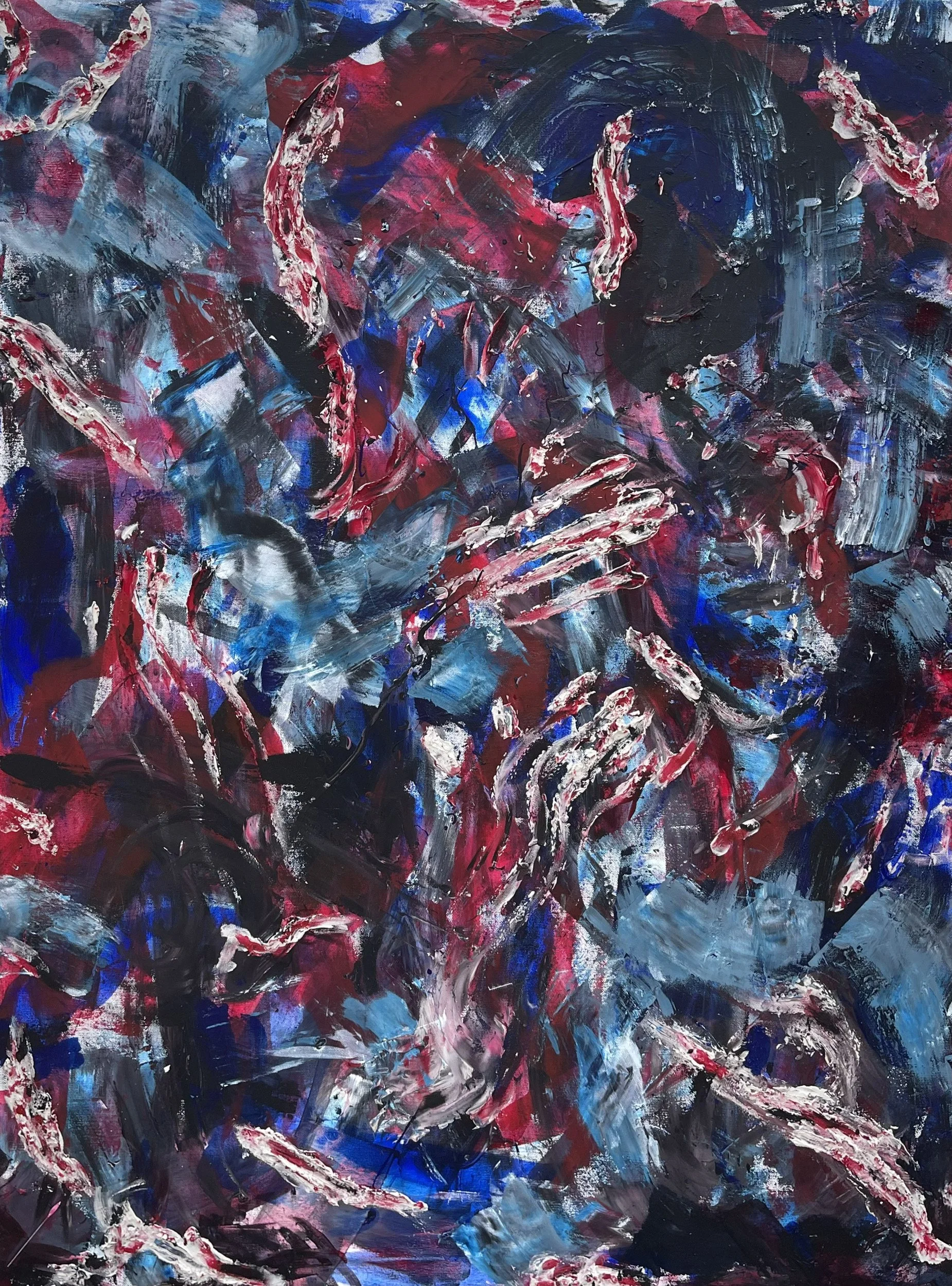 Caged,

36”x48”,

Acrylics on canvas,

Year 2024,

This piece is a deeply personal exploration of a feeling I have carried since childhood. It represents the emotional weight/complexity of navigating past chapters and the lingering sense of responsib