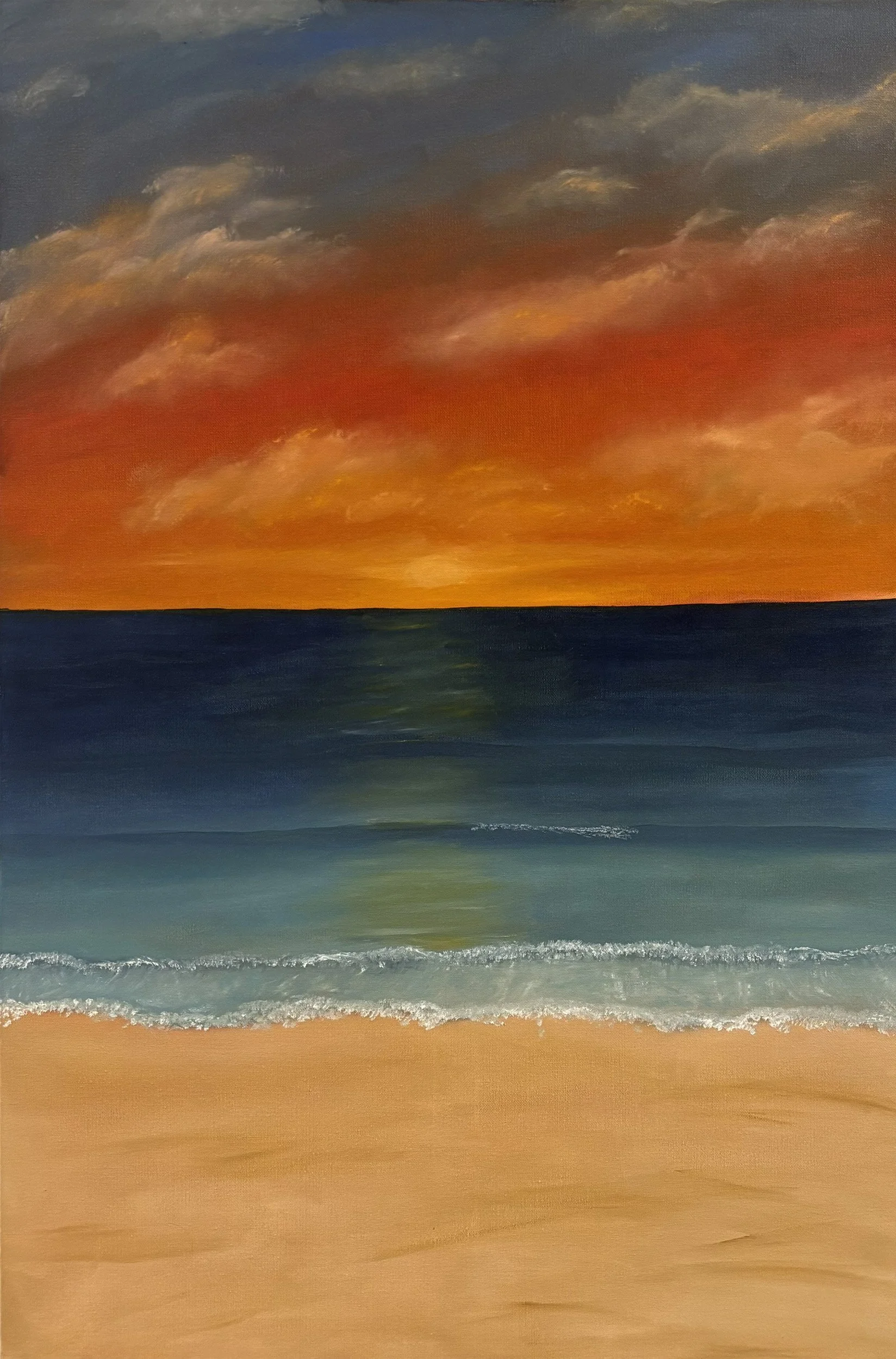 Silent Horizon,
24"x36",
Oils on canvas,
Year 2025,

This landscape is a reflection of the peace I find when I am by the water. I focused on the horizon and the soft light of the sunset to capture a specific memory, allowing the music I was listening