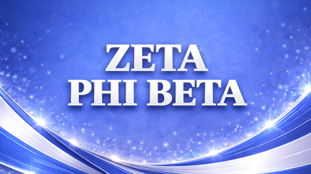 Blue background with white and silver swirling lines, sparkling stars, and the text 'Zeta Phi Beta' in bold white letters in the center.