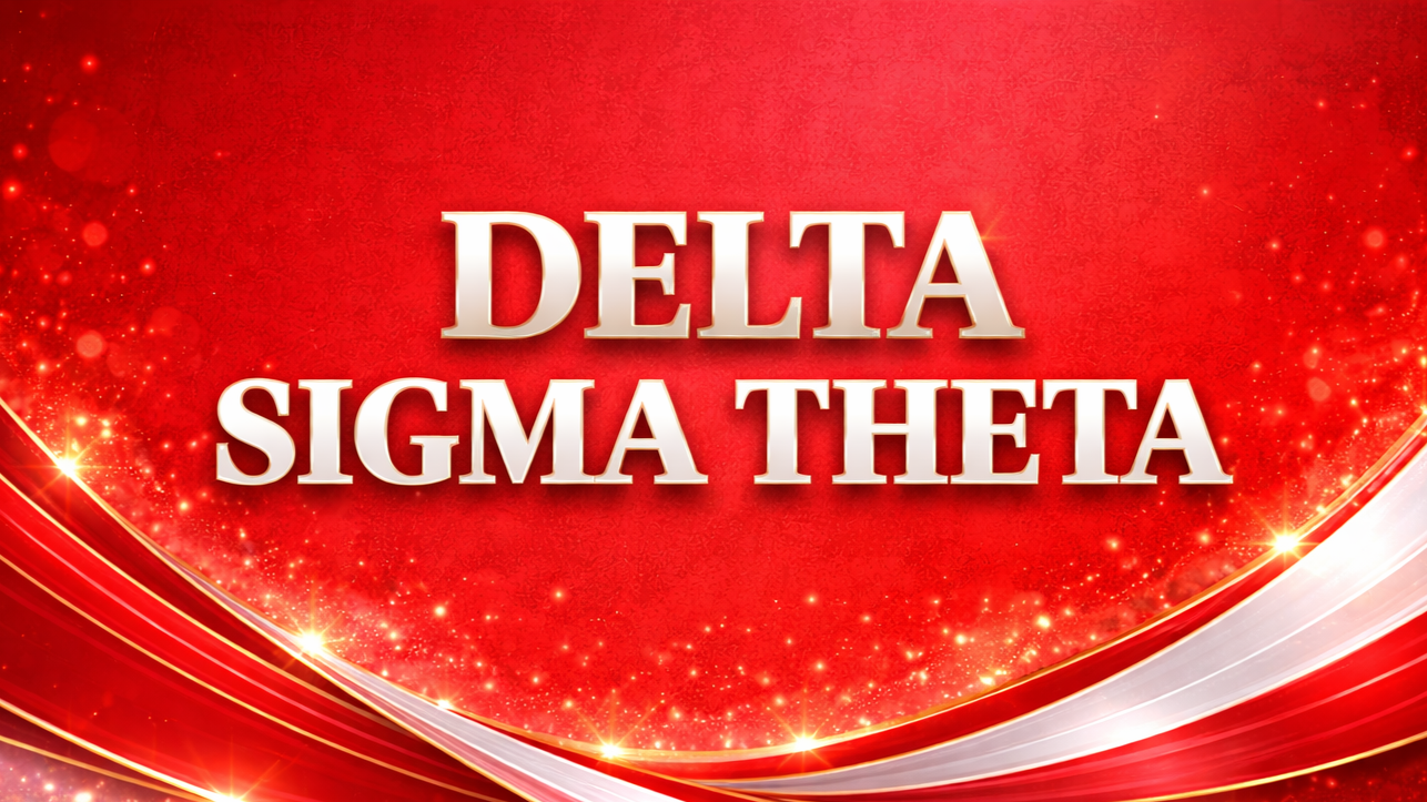 Red background with sparkles and swirling light streaks, with large white text reading "Delta Sigma Theta".