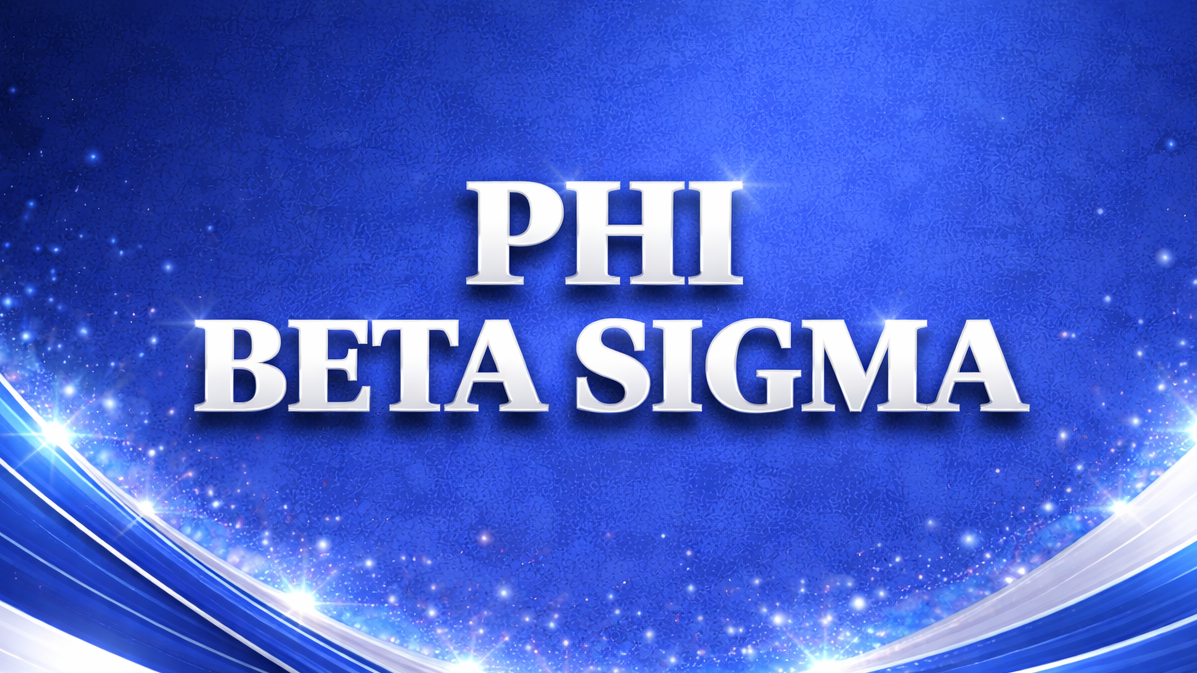 Blue background with sparkling stars and white swirling lines, with text in the center that reads 'PHI BETA SIGMA' in silver letters.