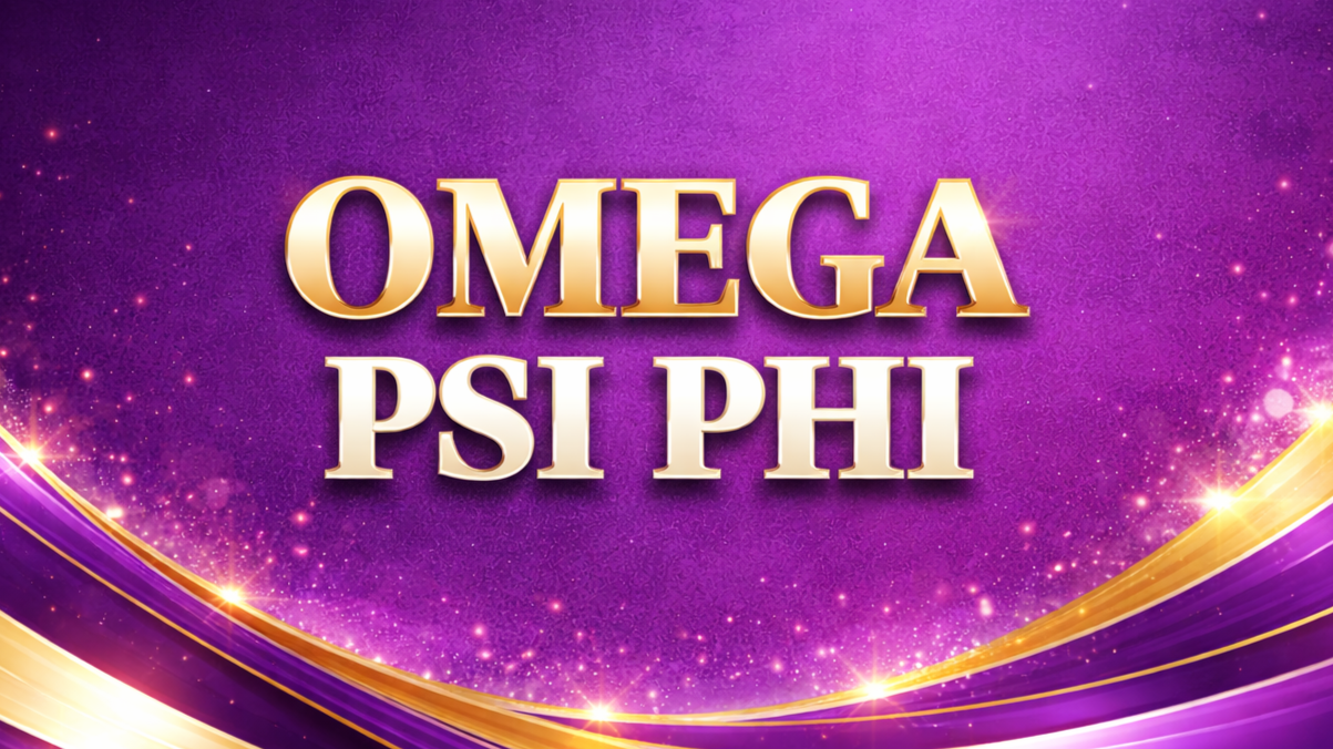 Text 'Omega Psi Phi' on a purple and gold sparkling background with curved gold and purple lines.
