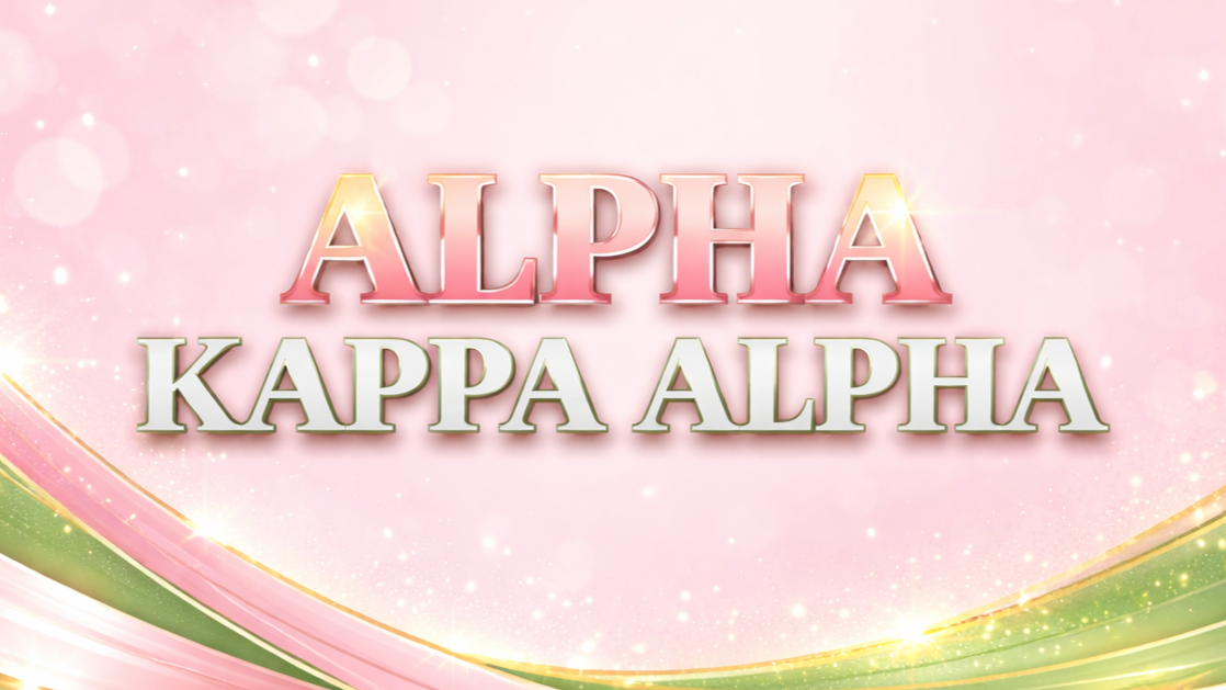 Pink background with green and pink swirling ribbons and sparkling lights, text reads 'Alpha Kappa Alpha' in pink and white with a gold glow.
