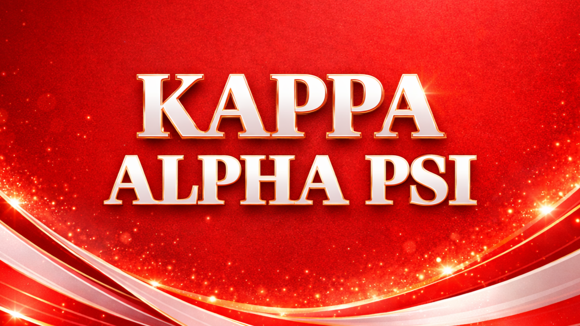 Red background with gold and white swirls and sparkles, with the text 'KAPPA ALPHA PSI' in large white and red letters.