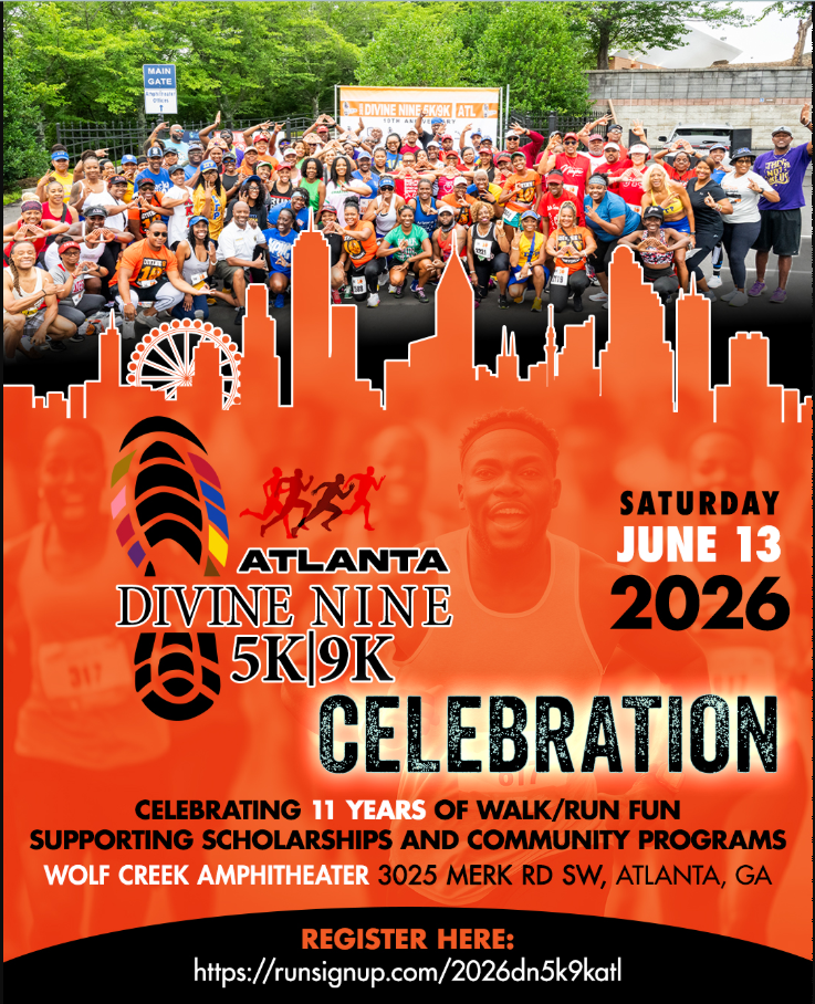 Group of people gathered outdoors for a celebration event, with a city skyline graphic at the bottom and event details for the Atlanta Divine Nine 5K/9K run on June 13, 2026.