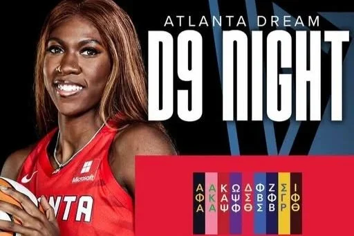 A woman in a red athletic jersey, smiling, holding a basketball, with text 'Atlanta Dream D9 Night' and Greek alphabet symbols on a colorful background.