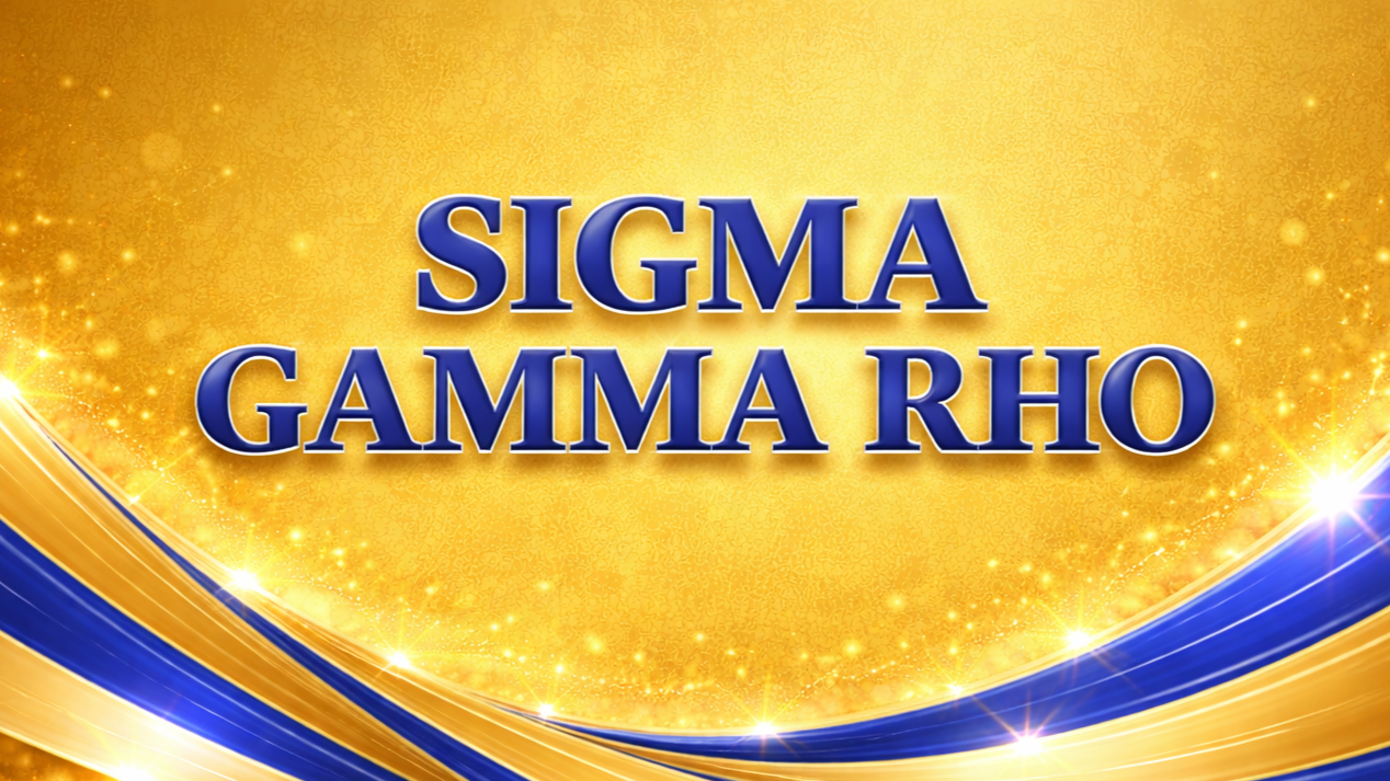 Golden background with blue and gold swirling lines and the text 'Sigma Gamma Rho' in bold blue letters.